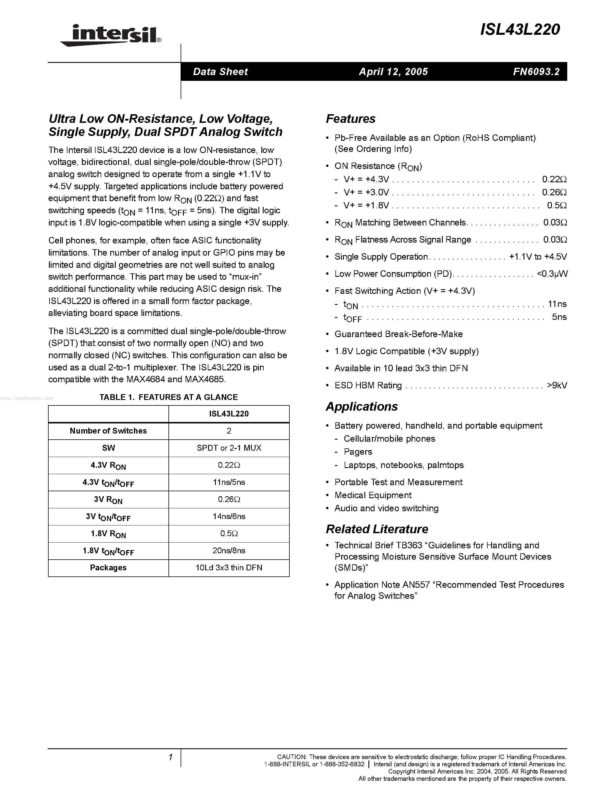 Datasheet ISL43L220 - Dual SPDT Analog Switch page 1