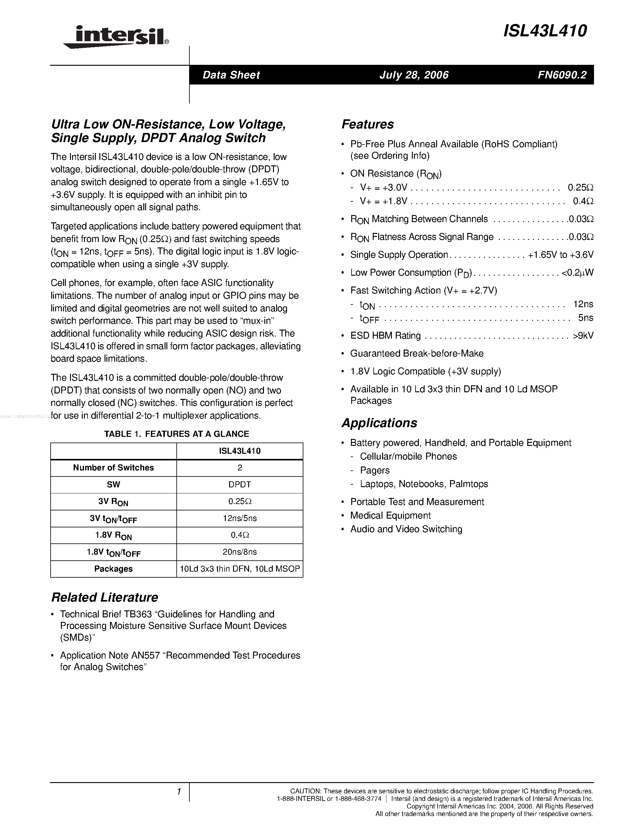 Datasheet ISL43L410 - DPDT Analog Switch page 1