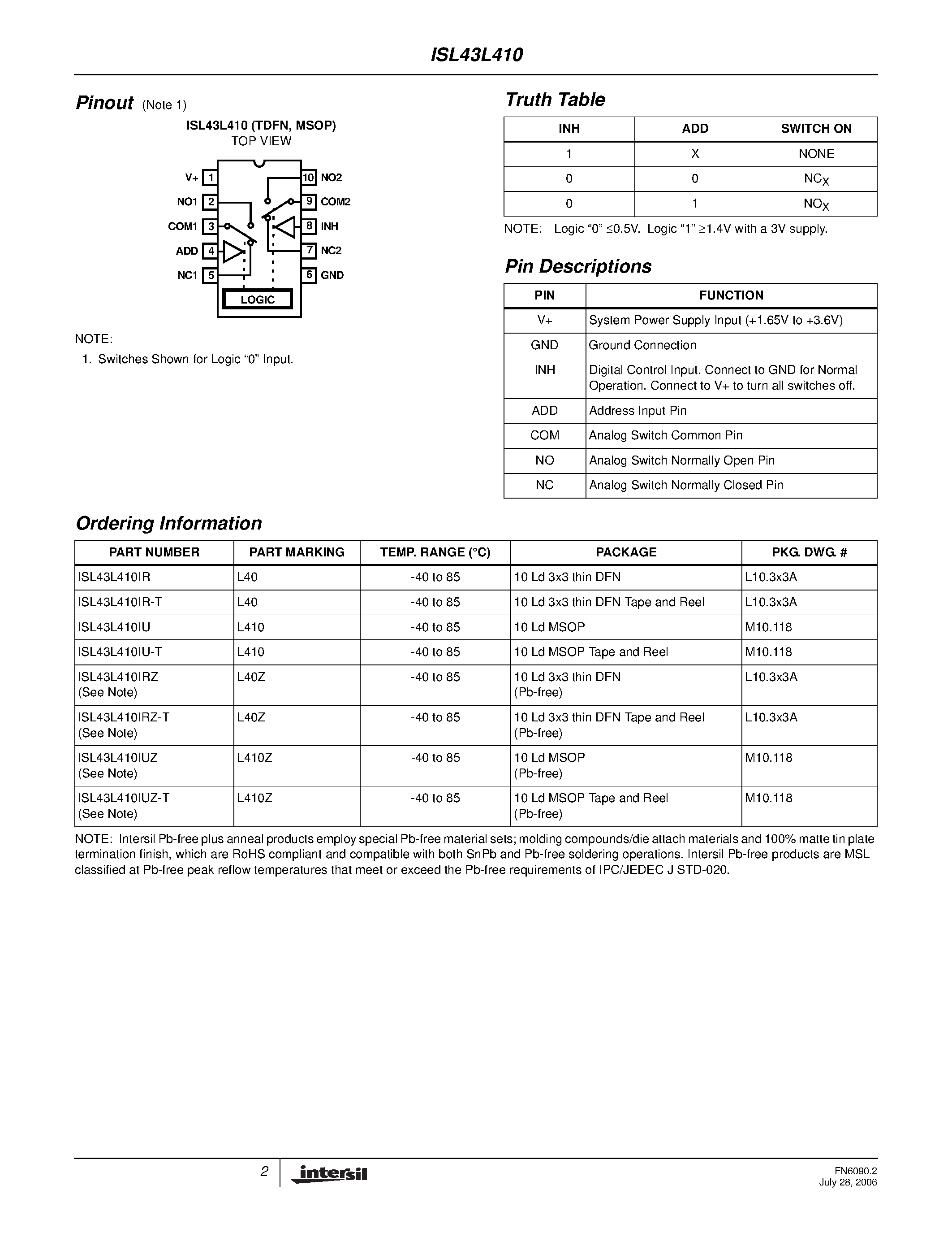Datasheet ISL43L410 - DPDT Analog Switch page 2