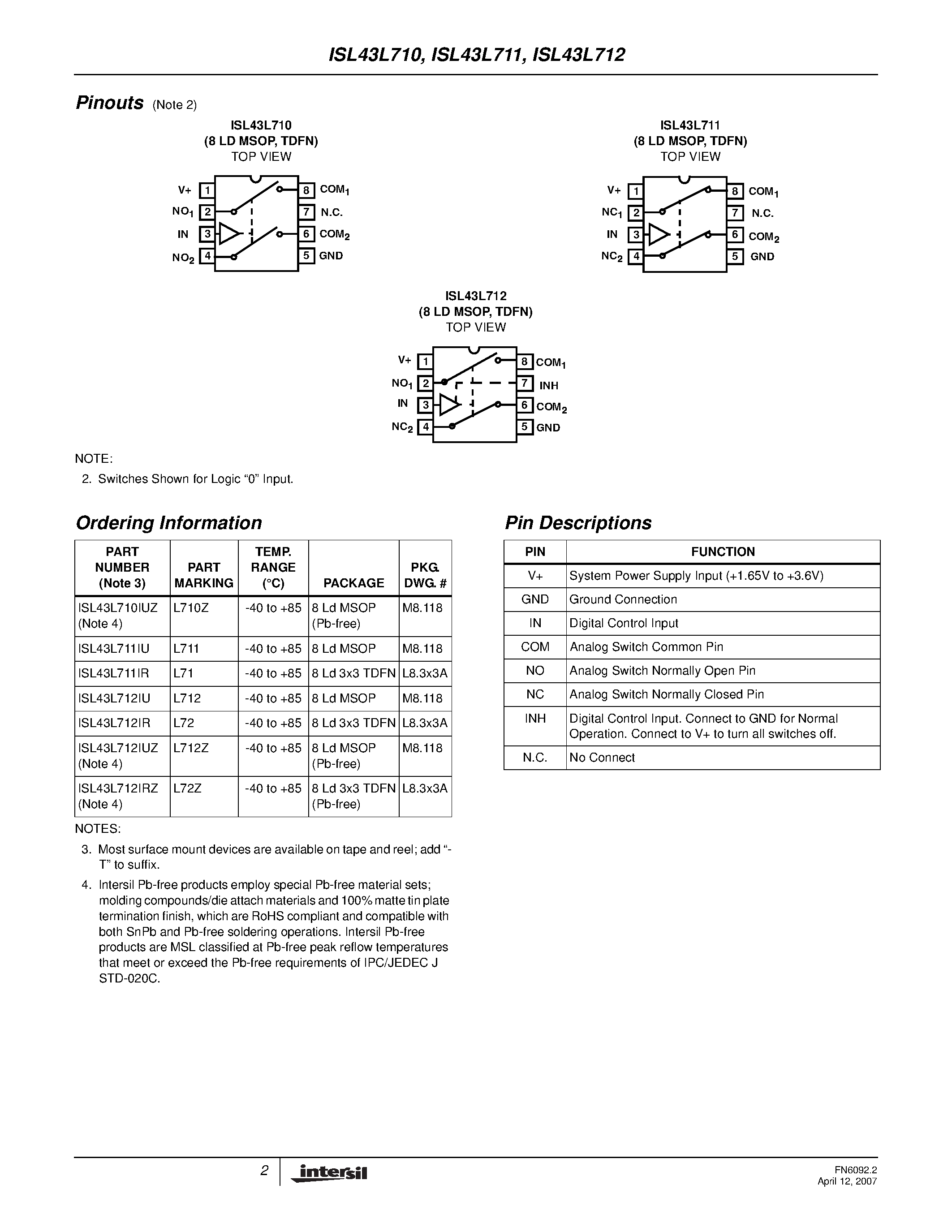 Datasheet ISL43L711 page 2 Datasheet ISL43L711 - (ISL43L710 - ISL43L712) Differential SPST Analog Switches page 2