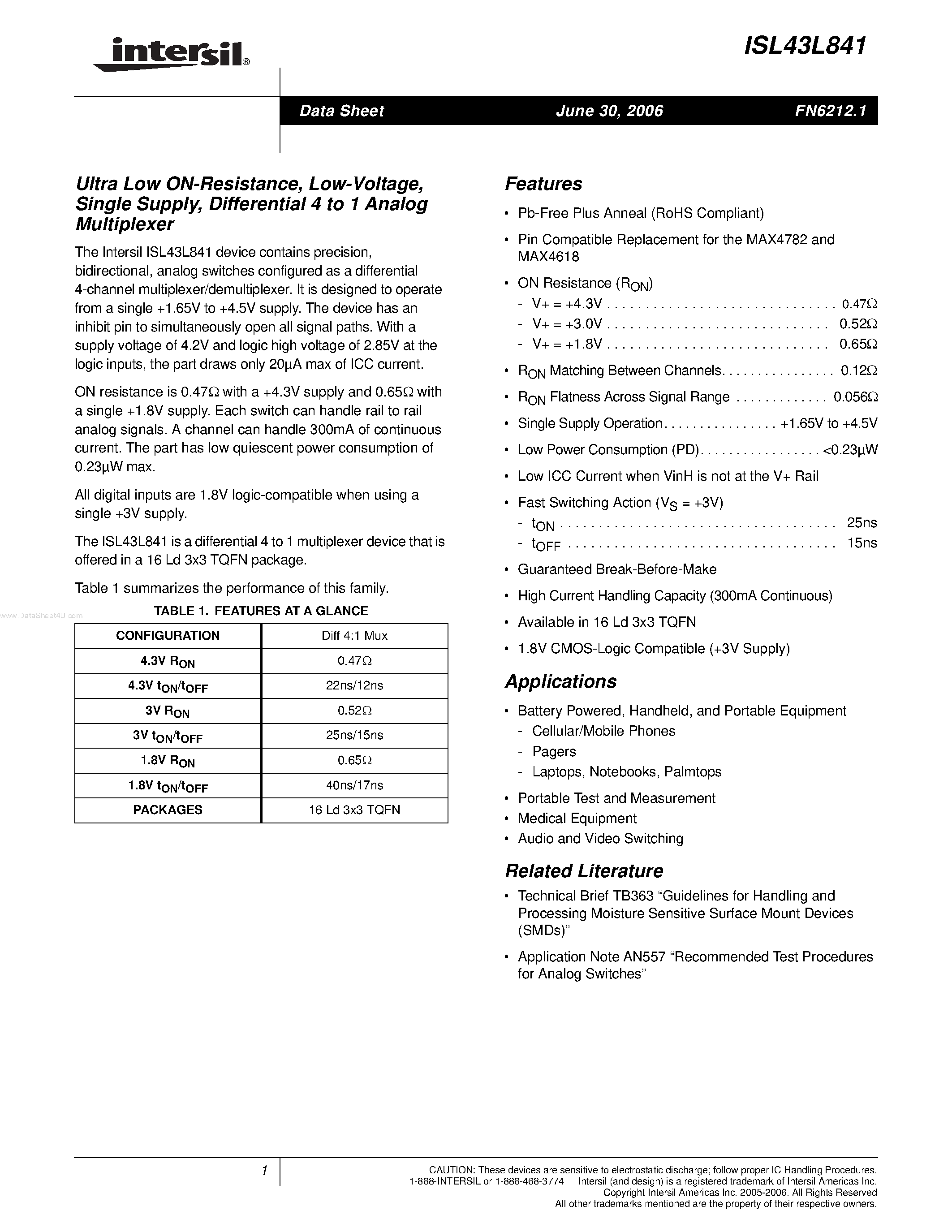 Даташит ISL43L841 - Differential 4 to 1 Analog Multiplexer страница 1