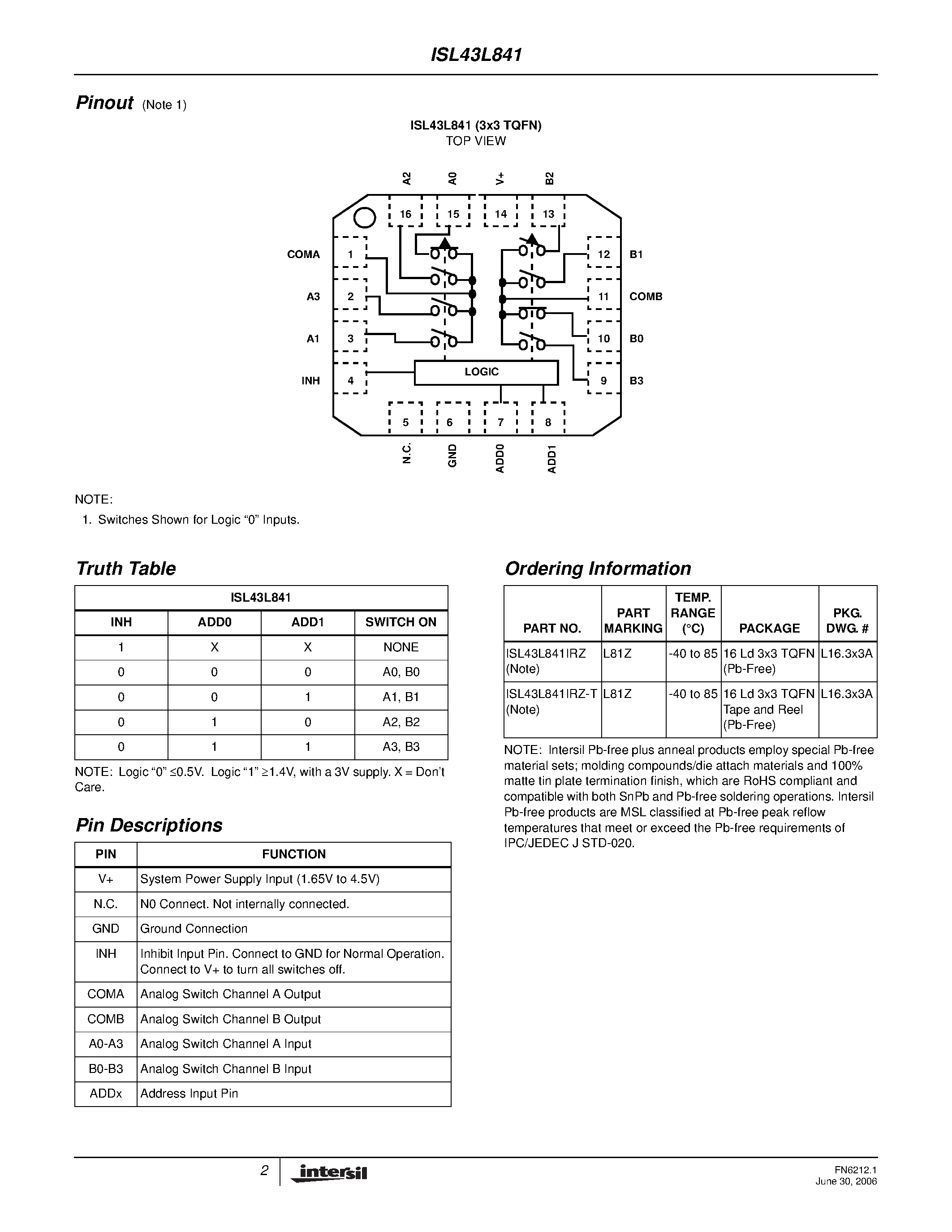Даташит ISL43L841 - Differential 4 to 1 Analog Multiplexer страница 2