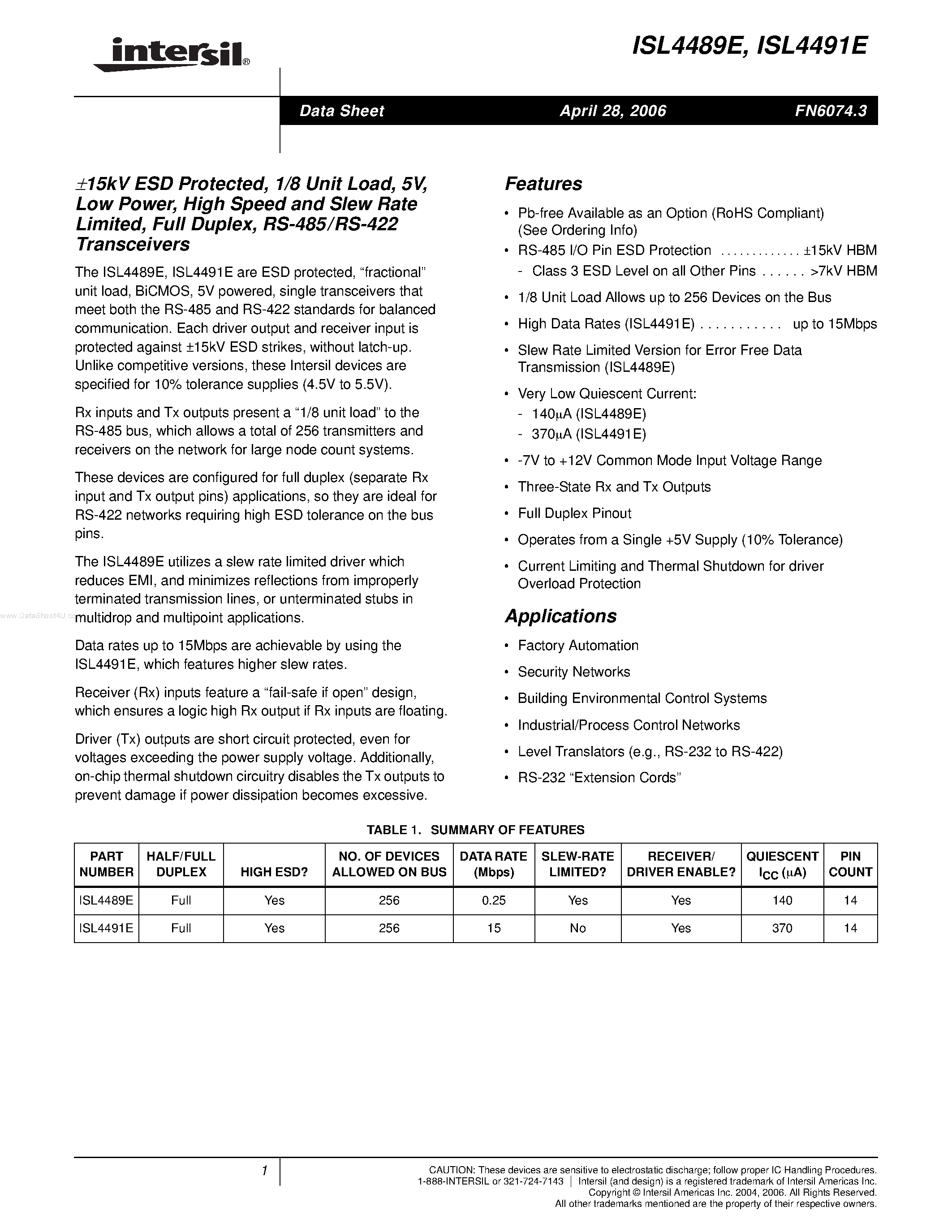 Datasheet ISL4489E page 1 Datasheet ISL4489E - (ISL4489E / ISL4491E) RS-485/RS-422 Transceivers page 1
