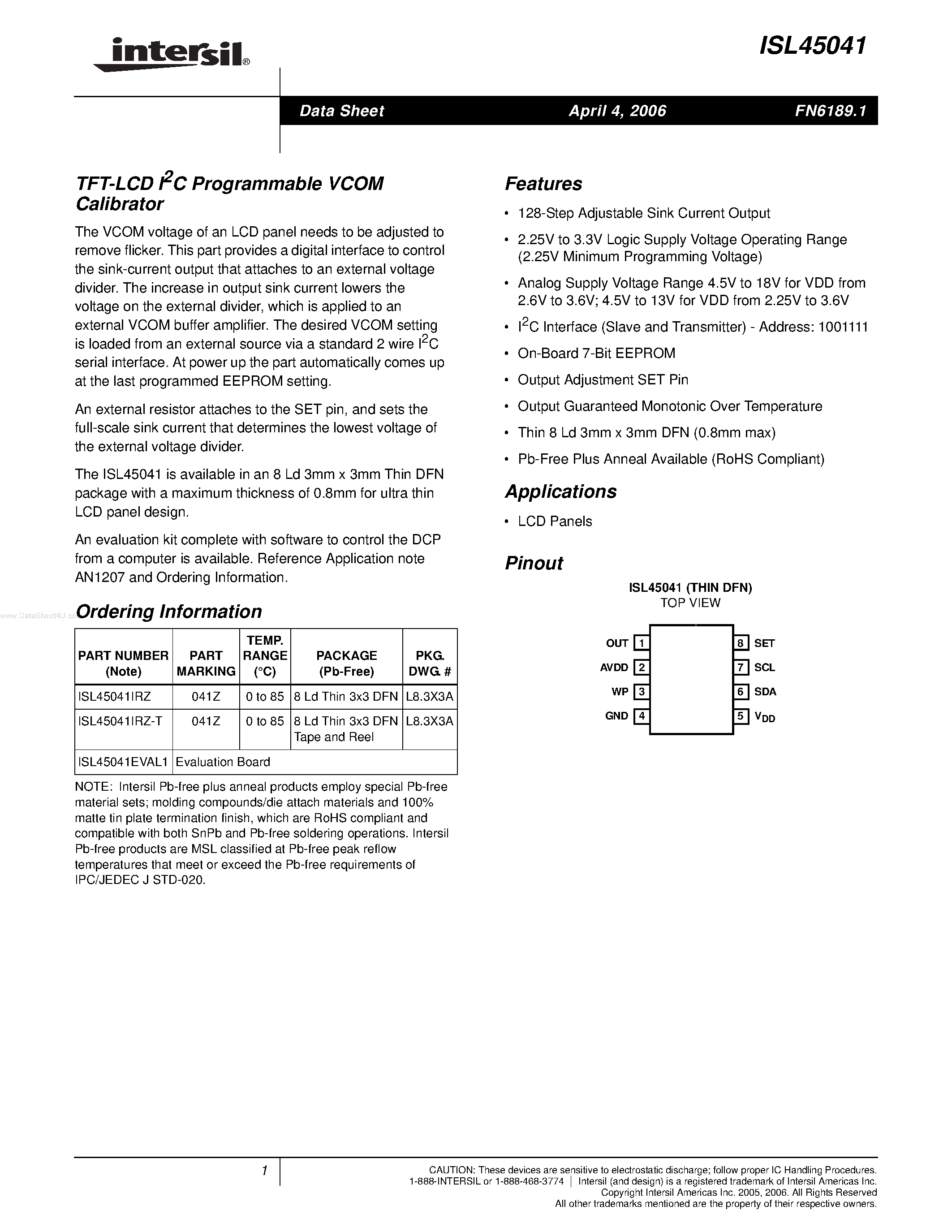 Datasheet ISL45041 - TFT-LCD I2C Programmable VCOM Calibrator page 1