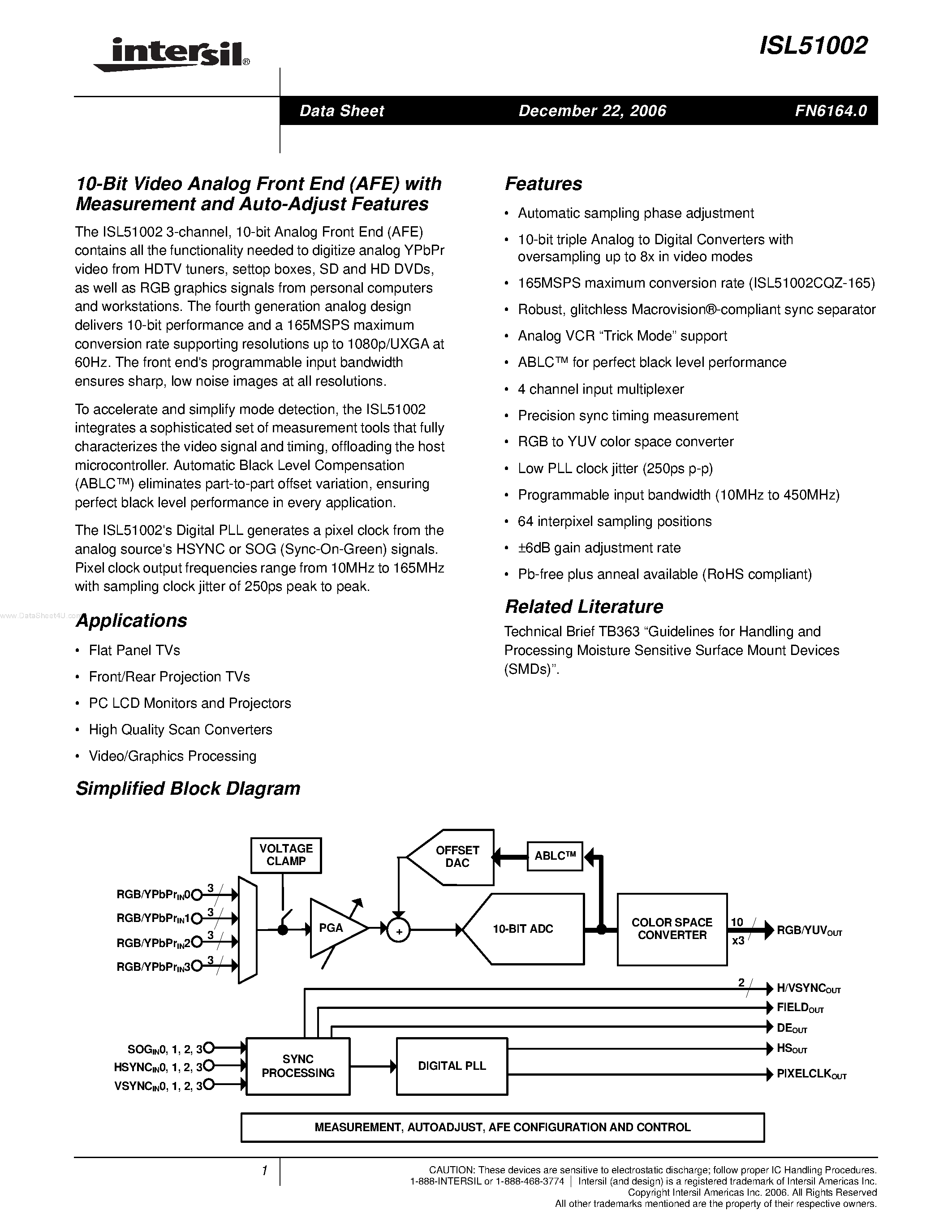 Datasheet ISL51002 - 10-Bit Video Analog Front End page 1