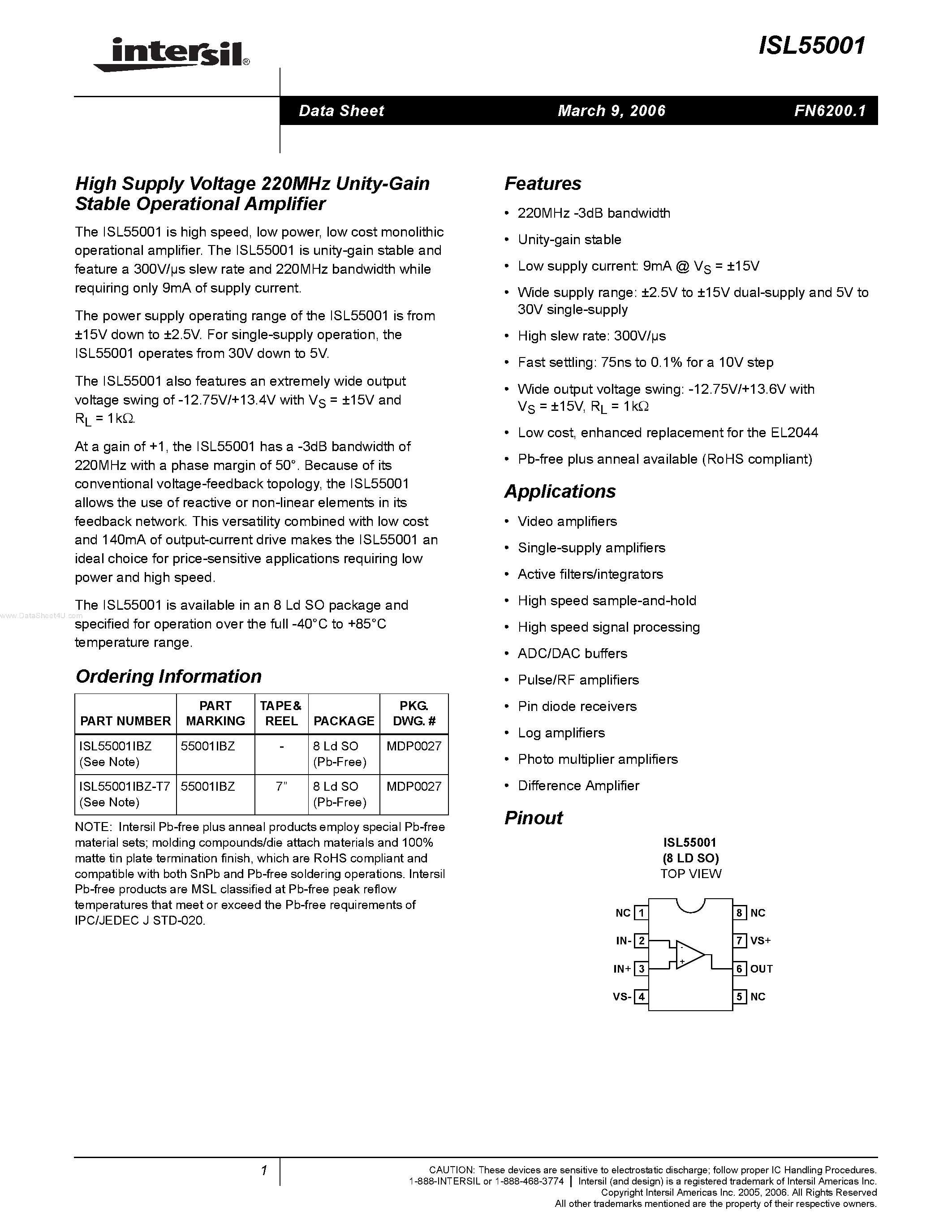 Datasheet ISL55001 - High Supply Voltage 220MHz Unity-Gain Stable Operational Amplifier page 1