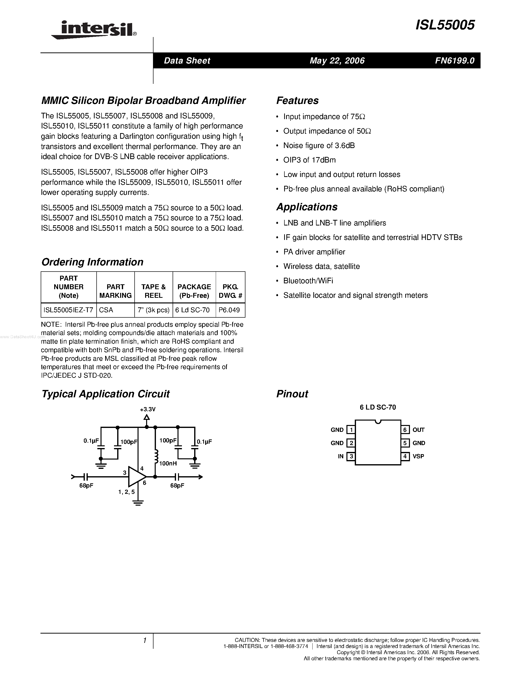 Datasheet ISL55005 - MMIC Silicon Bipolar Broadband Amplifier page 1