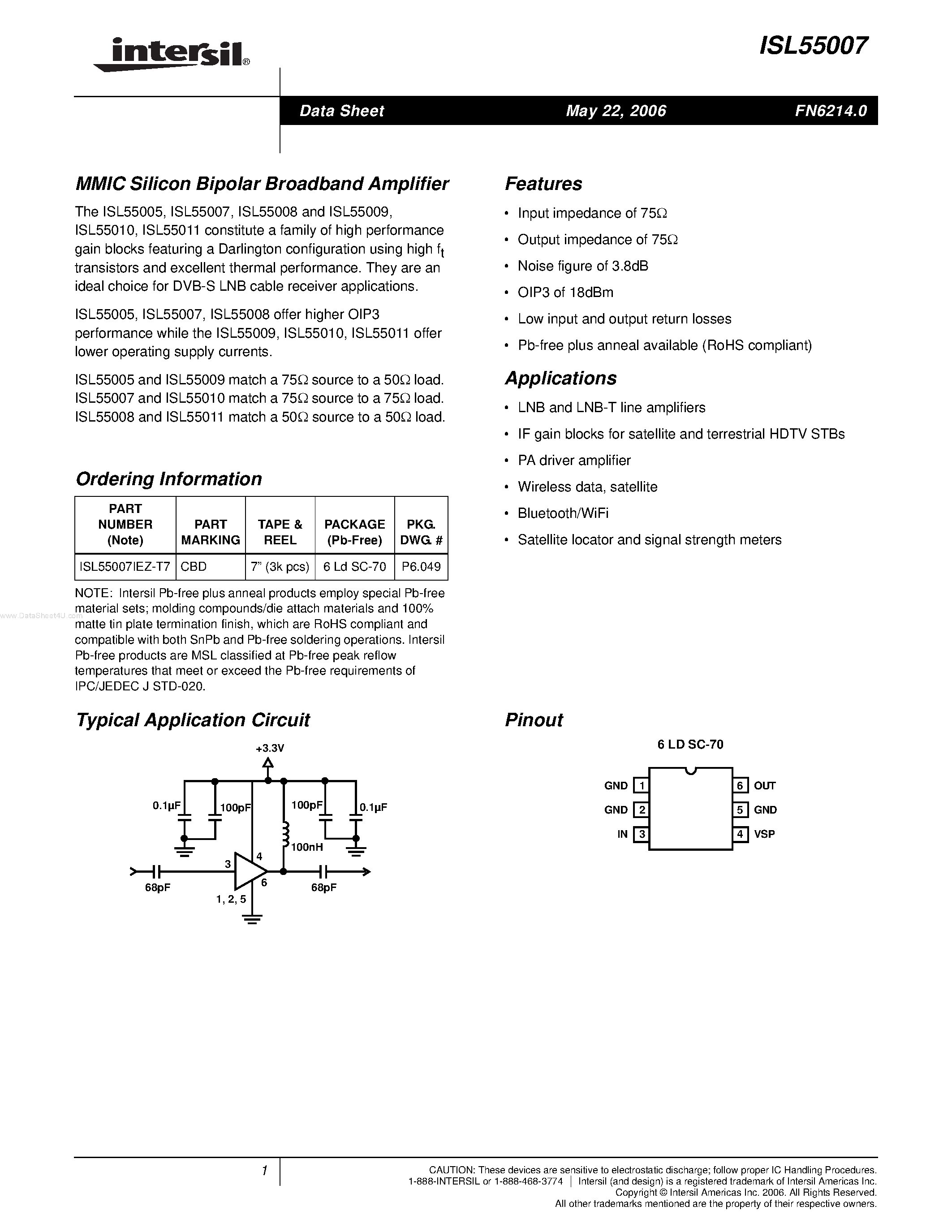 Datasheet ISL55007 - MMIC Silicon Bipolar Broadband Amplifier page 1