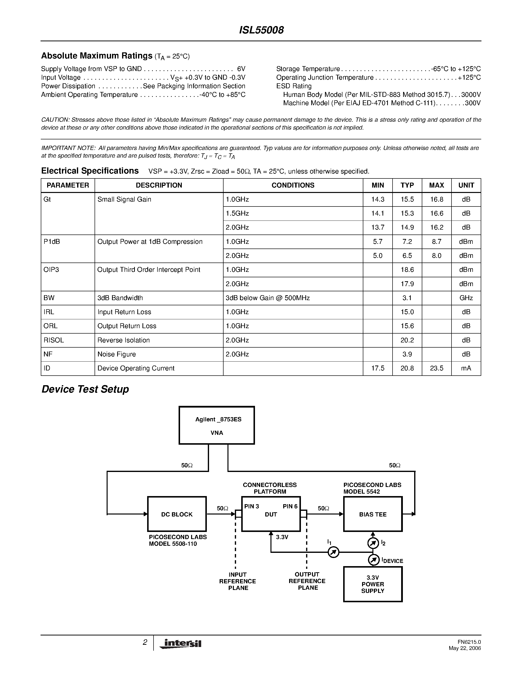 Datasheet ISL55008 - MMIC Silicon Bipolar Broadband Amplifier page 2
