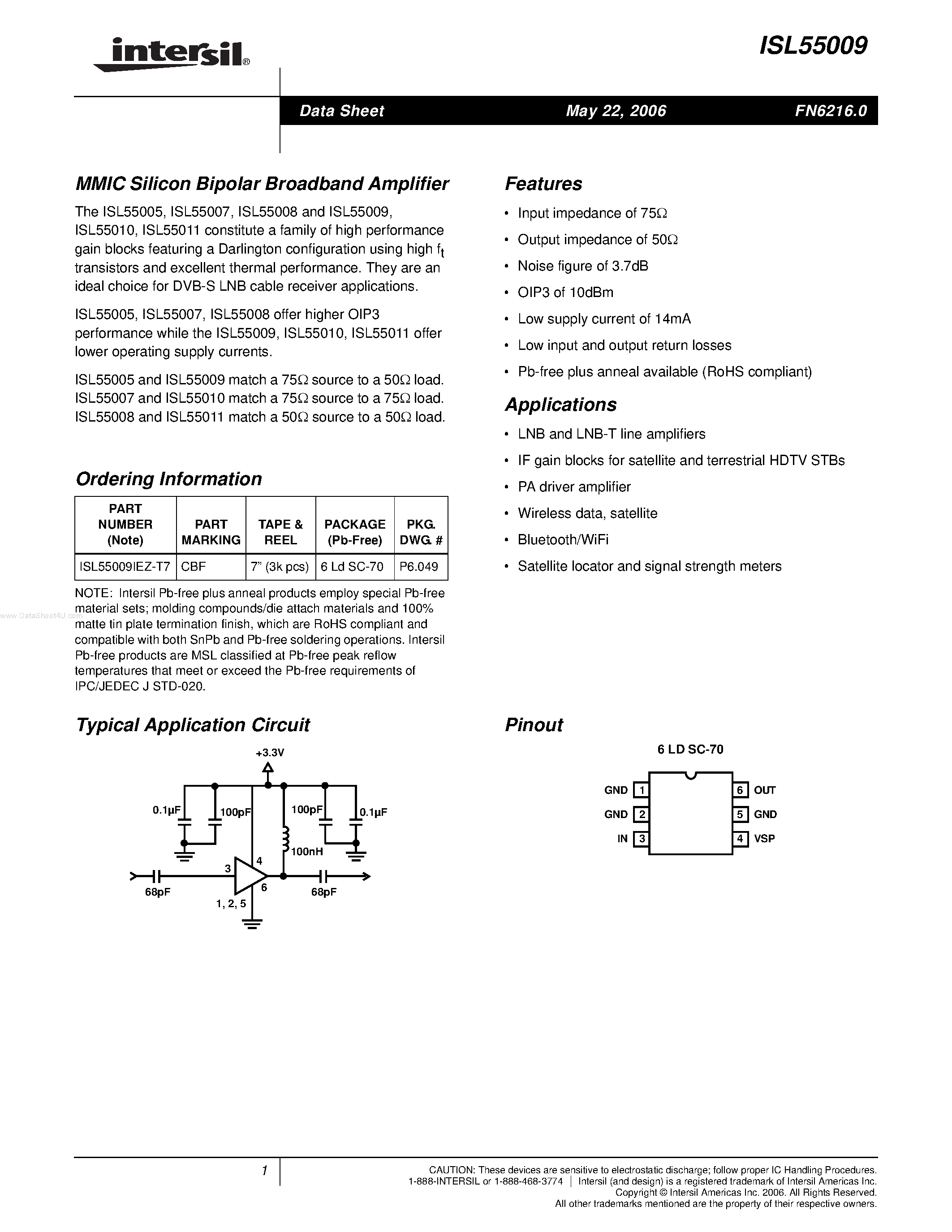 Datasheet ISL55009 - MMIC Silicon Bipolar Broadband Amplifier page 1