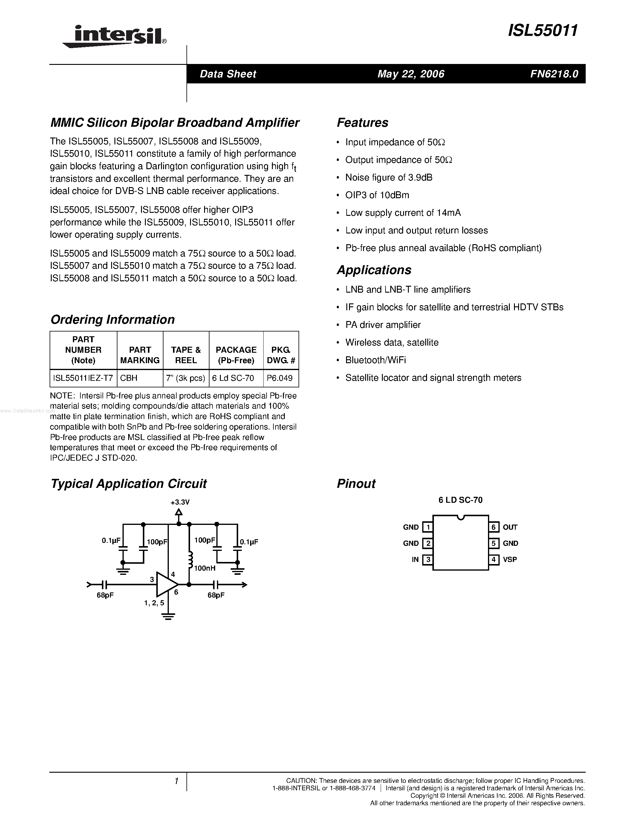 Datasheet ISL55011 - MMIC Silicon Bipolar Broadband Amplifier page 1