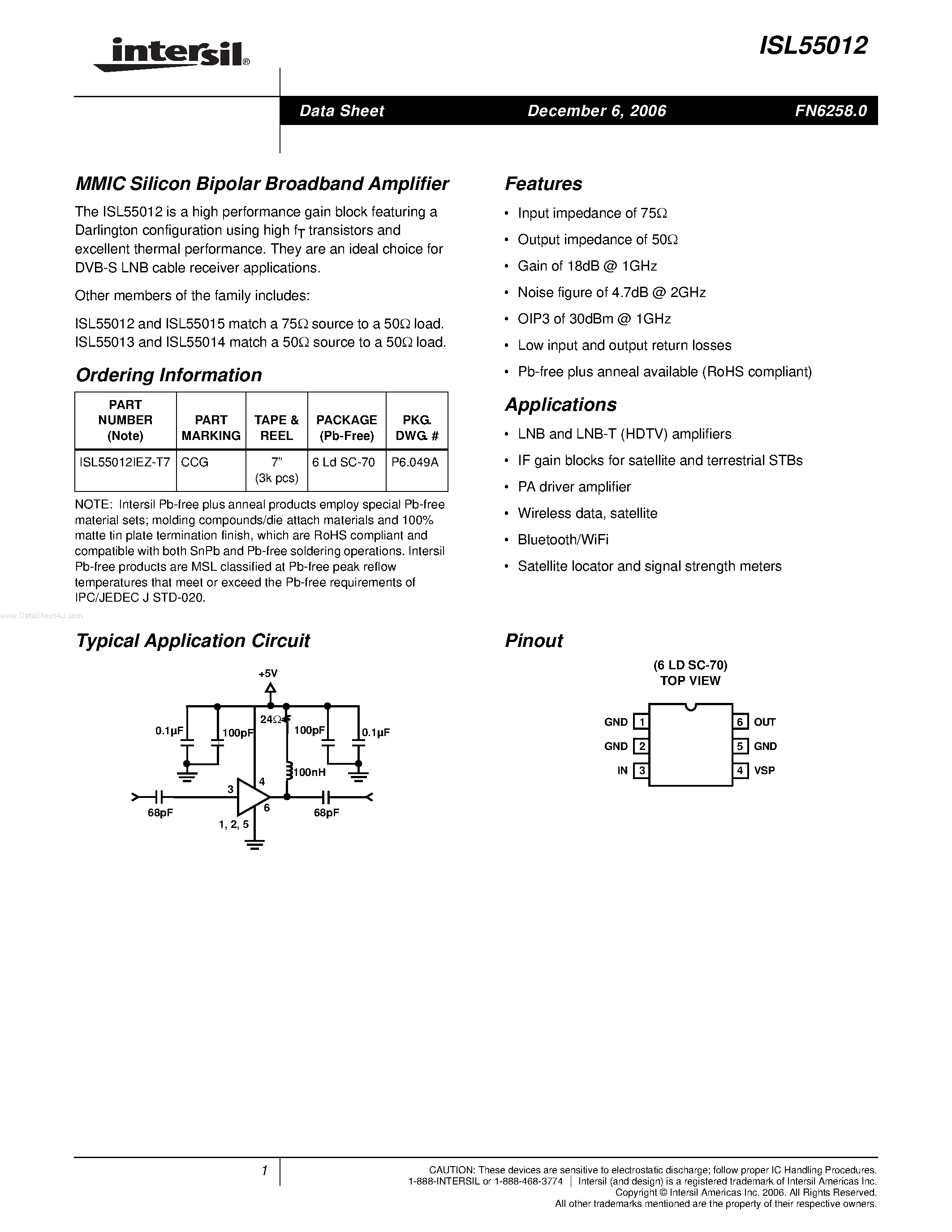Datasheet ISL55012 page 1 Datasheet ISL55012 - MMIC Silicon Bipolar Broadband Amplifier page 1