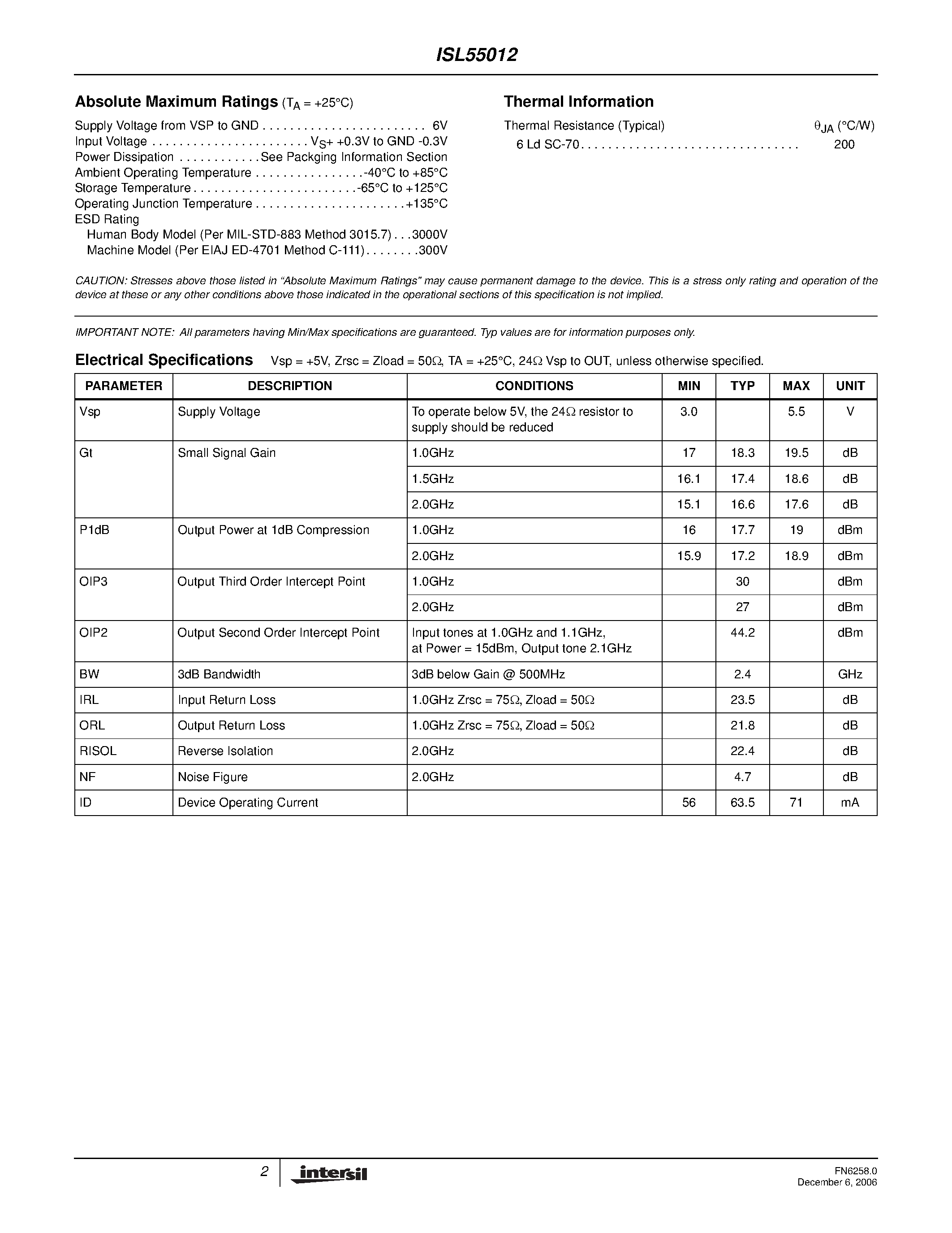 Datasheet ISL55012 page 2 Datasheet ISL55012 - MMIC Silicon Bipolar Broadband Amplifier page 2