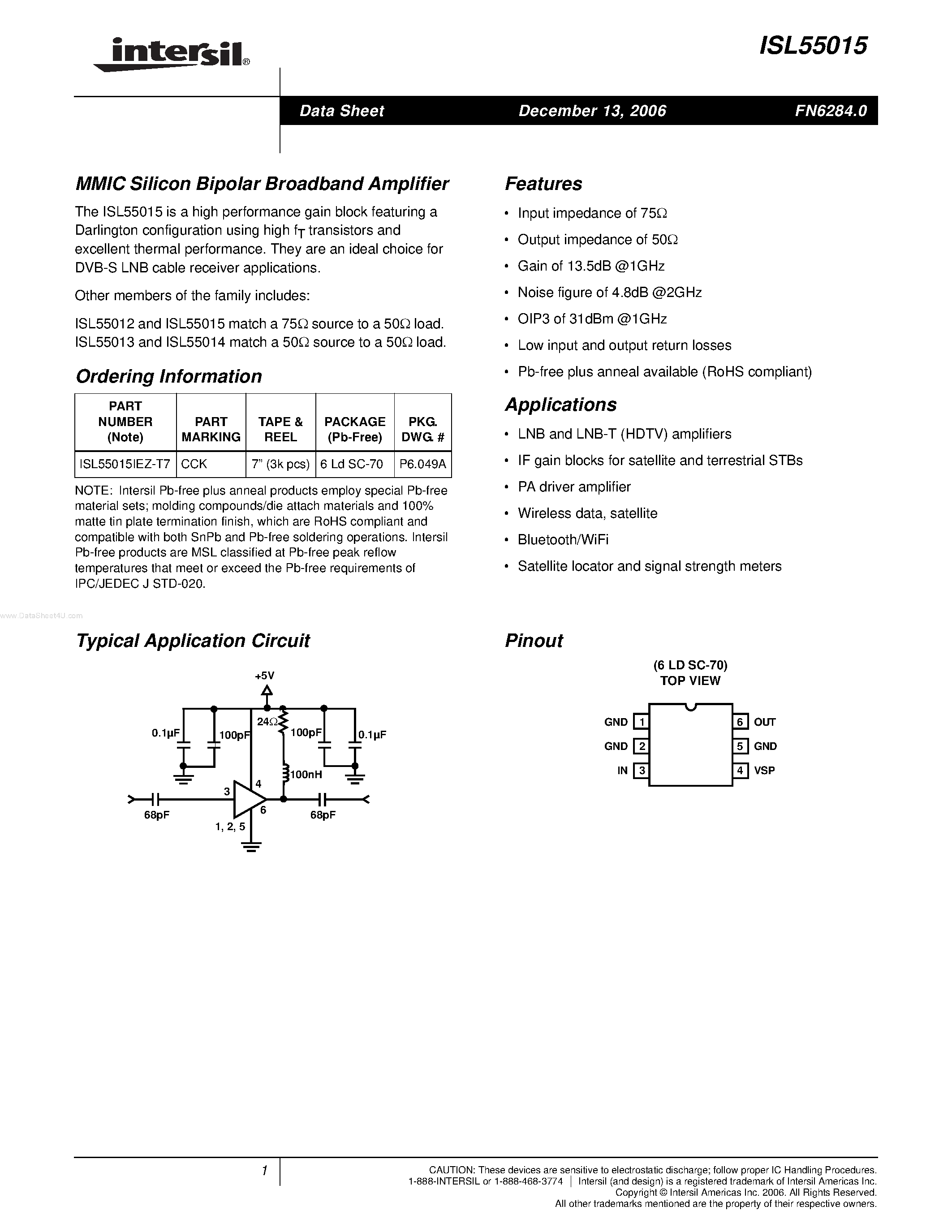Datasheet ISL55015 - MMIC Silicon Bipolar Broadband Amplifier page 1
