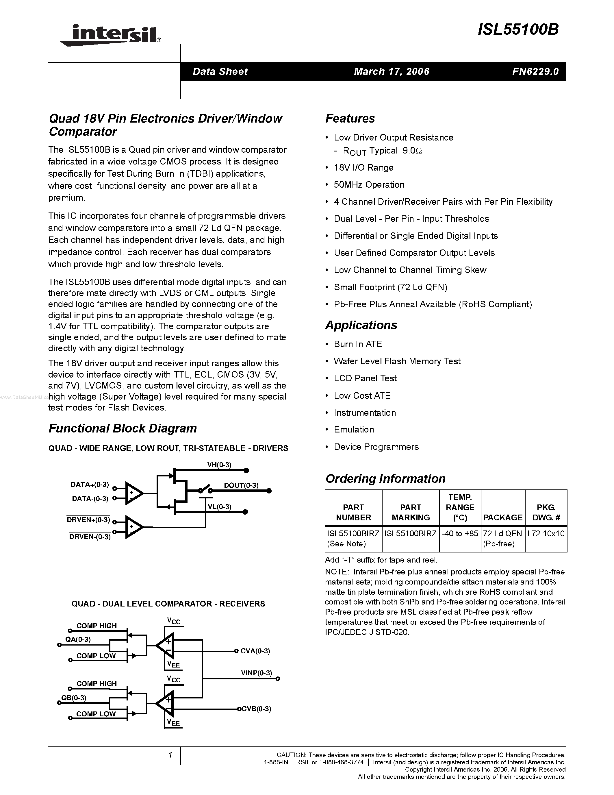 Datasheet ISL55100B - Quad 18V Pin Electronics Driver/Window Comparator page 1