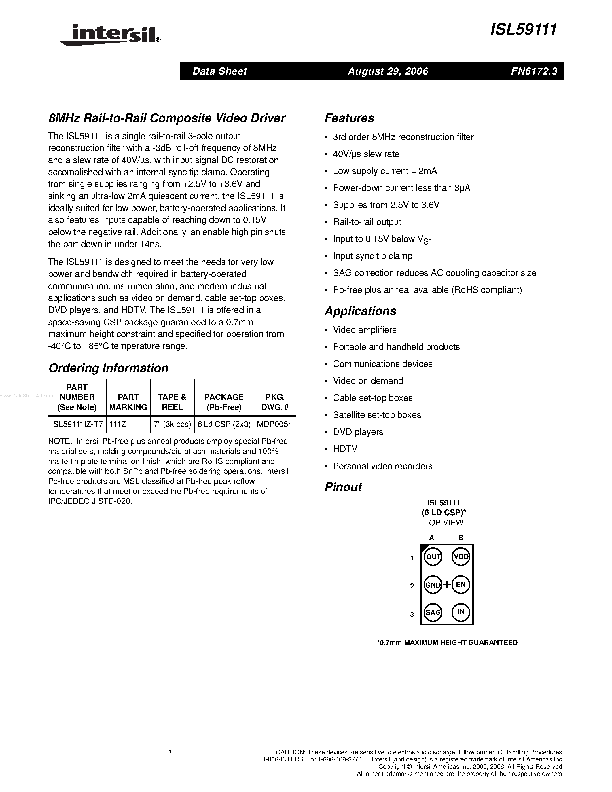 Datasheet ISL59111 - 8MHz Rail-to-Rail Composite Video Driver page 1