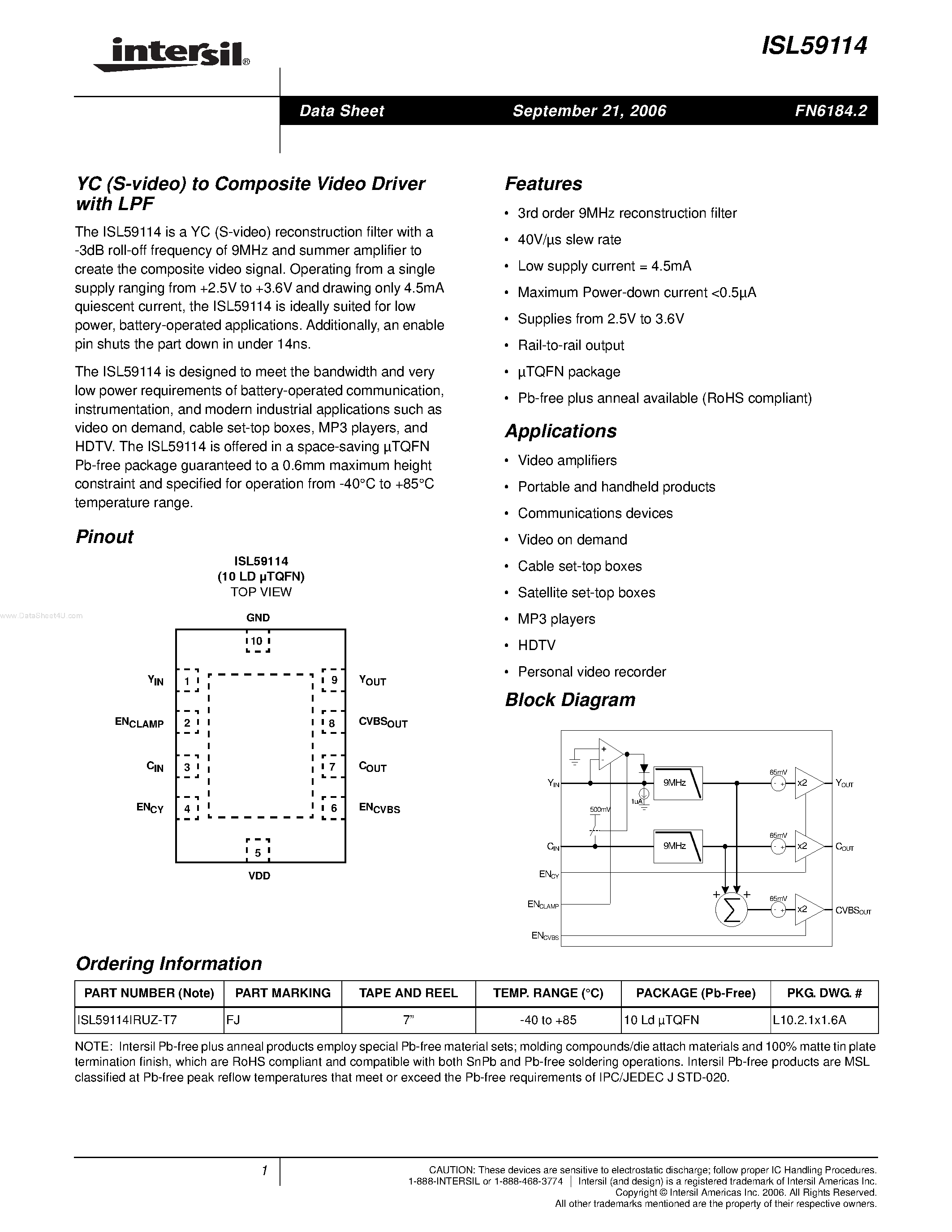 Datasheet ISL59114 - YC (S-video) to Composite Video Driver page 1