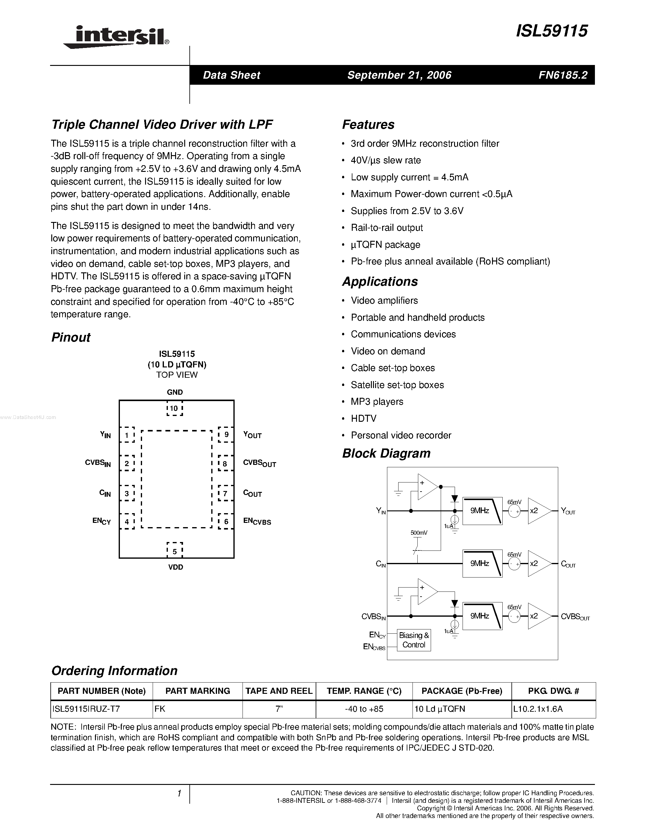 Datasheet ISL59115 - Triple Channel Video Driver page 1