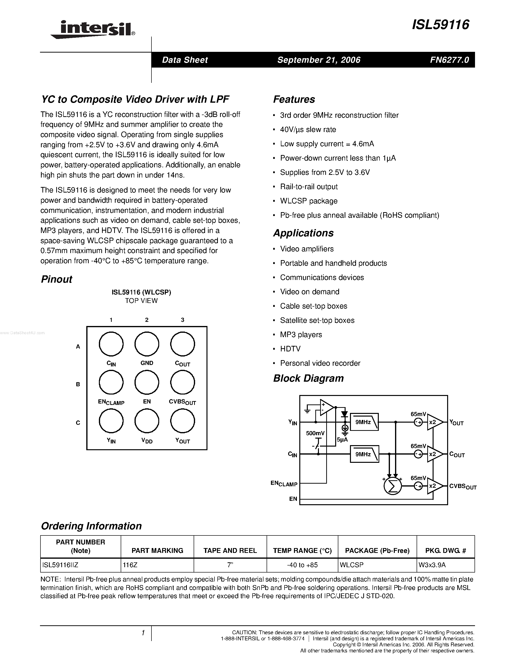Datasheet ISL59116 - YC to Composite Video Driver page 1