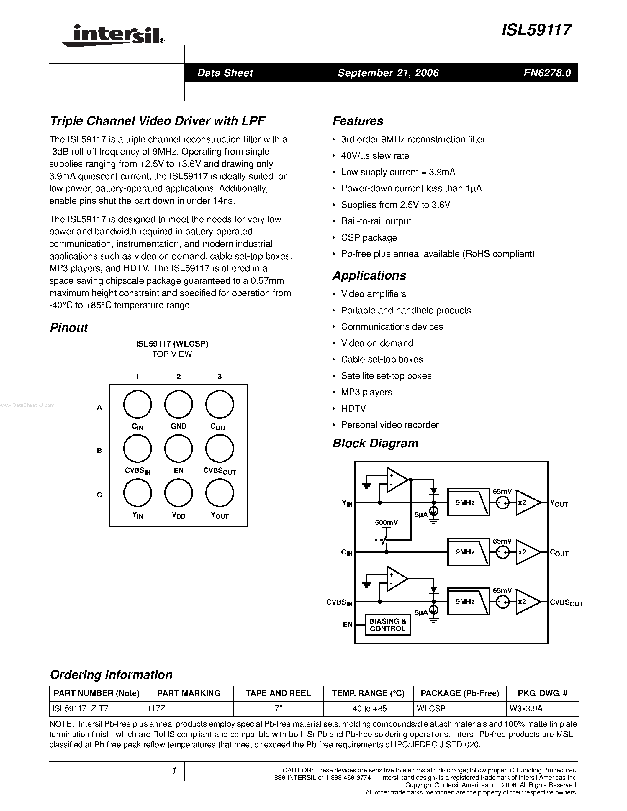 Datasheet ISL59117 - Triple Channel Video Driver page 1