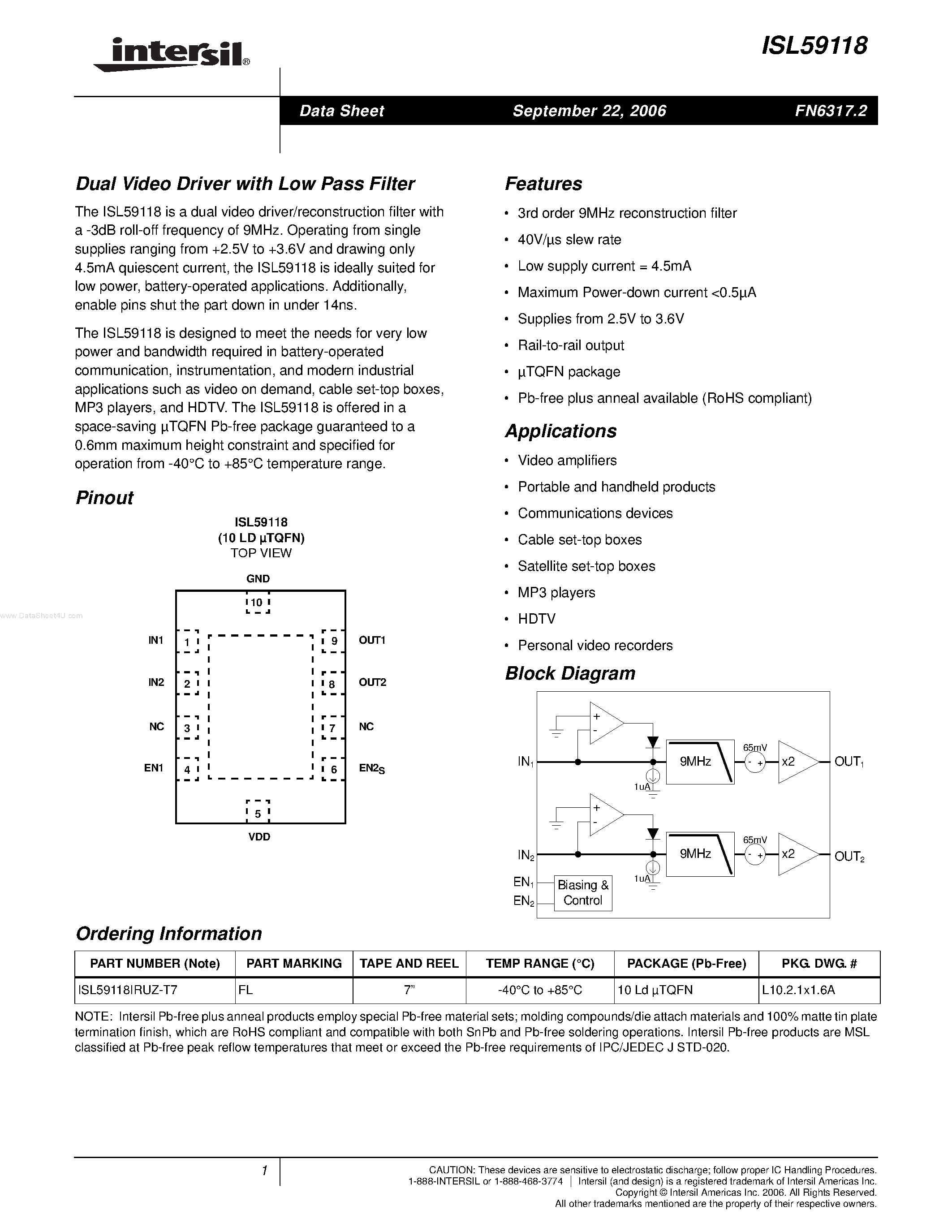 Datasheet ISL59118 - Dual Video Driver page 1