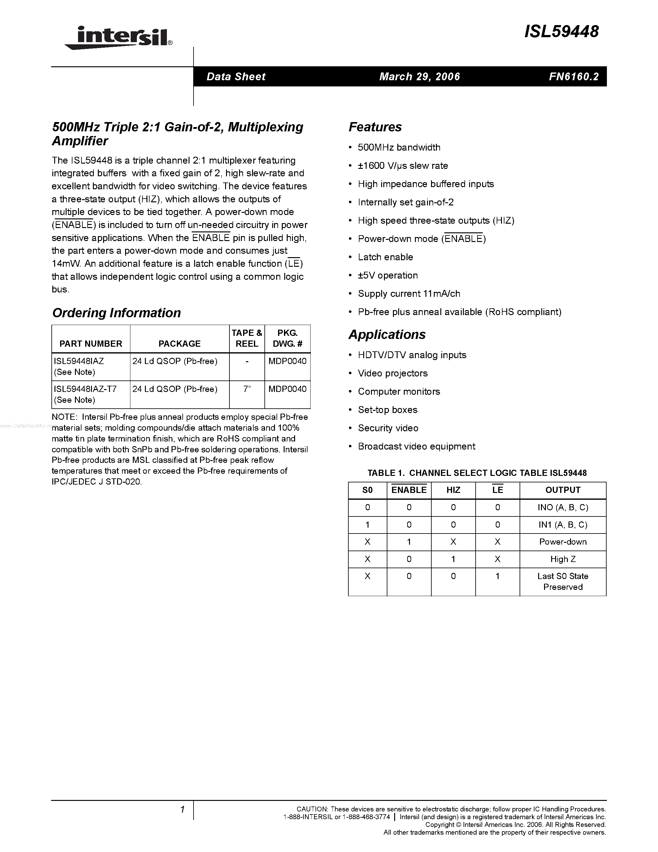 Datasheet ISL59448 - Multiplexing Amplifier page 1