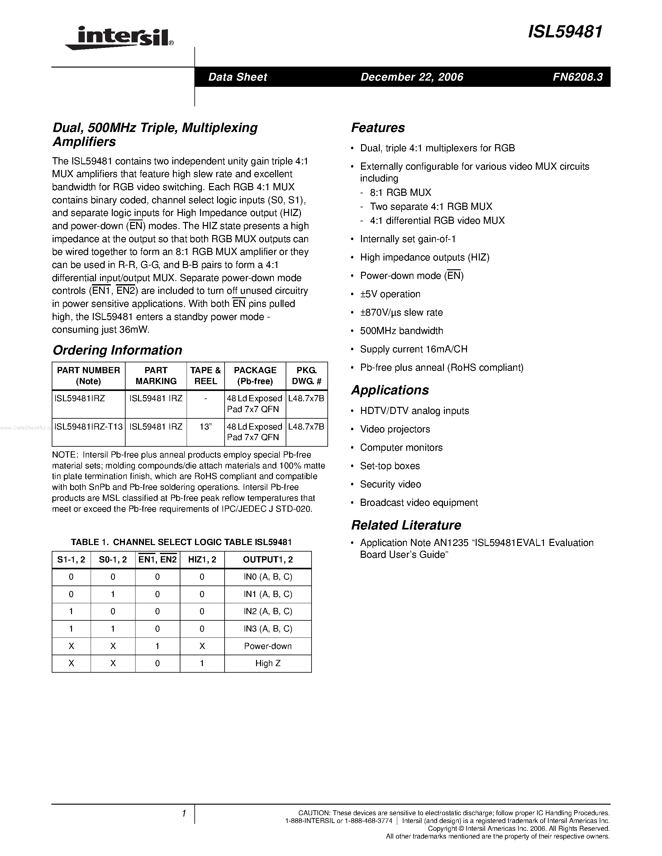 Datasheet ISL59481 - Multiplexing Amplifiers page 1