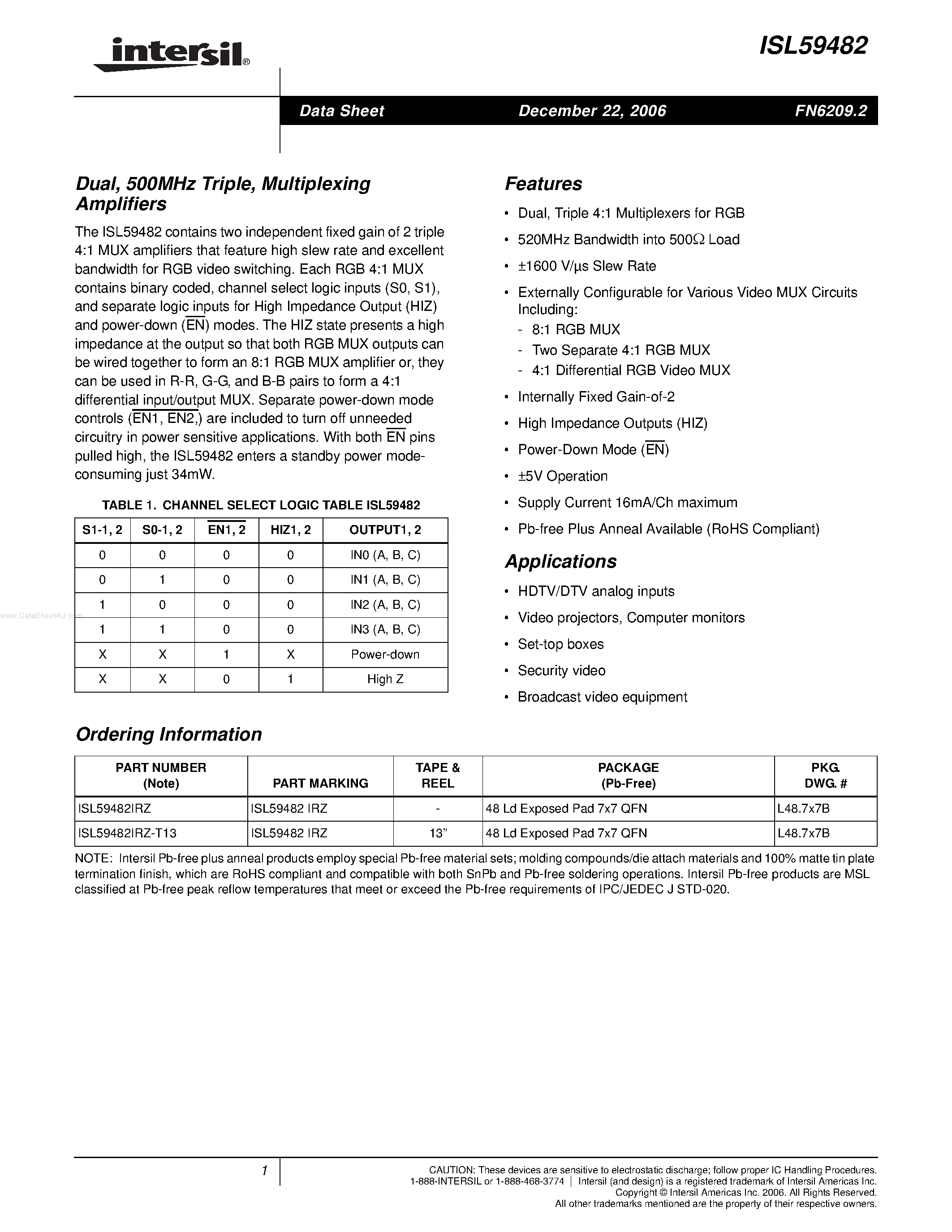 Datasheet ISL59482 - Multiplexing Amplifiers page 1