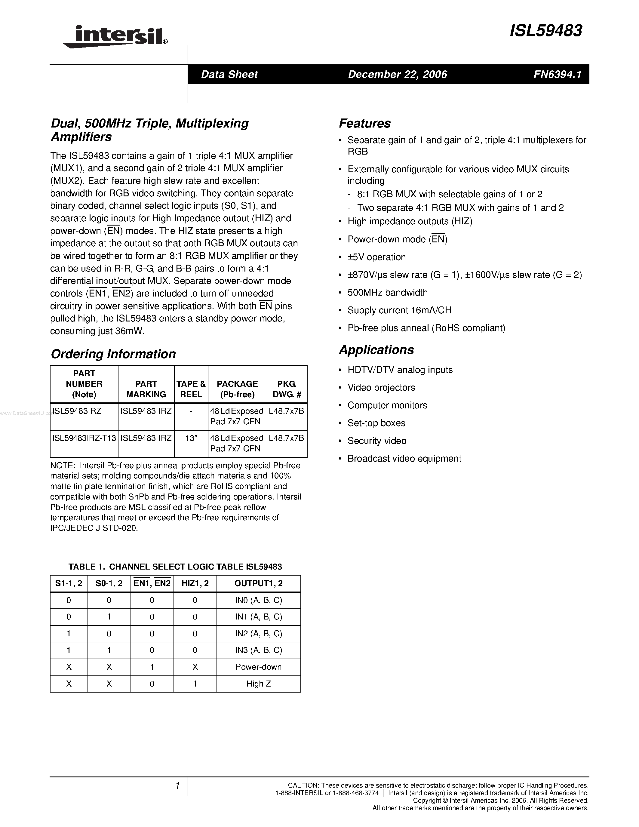 Datasheet ISL59483 - Multiplexing Amplifiers page 1