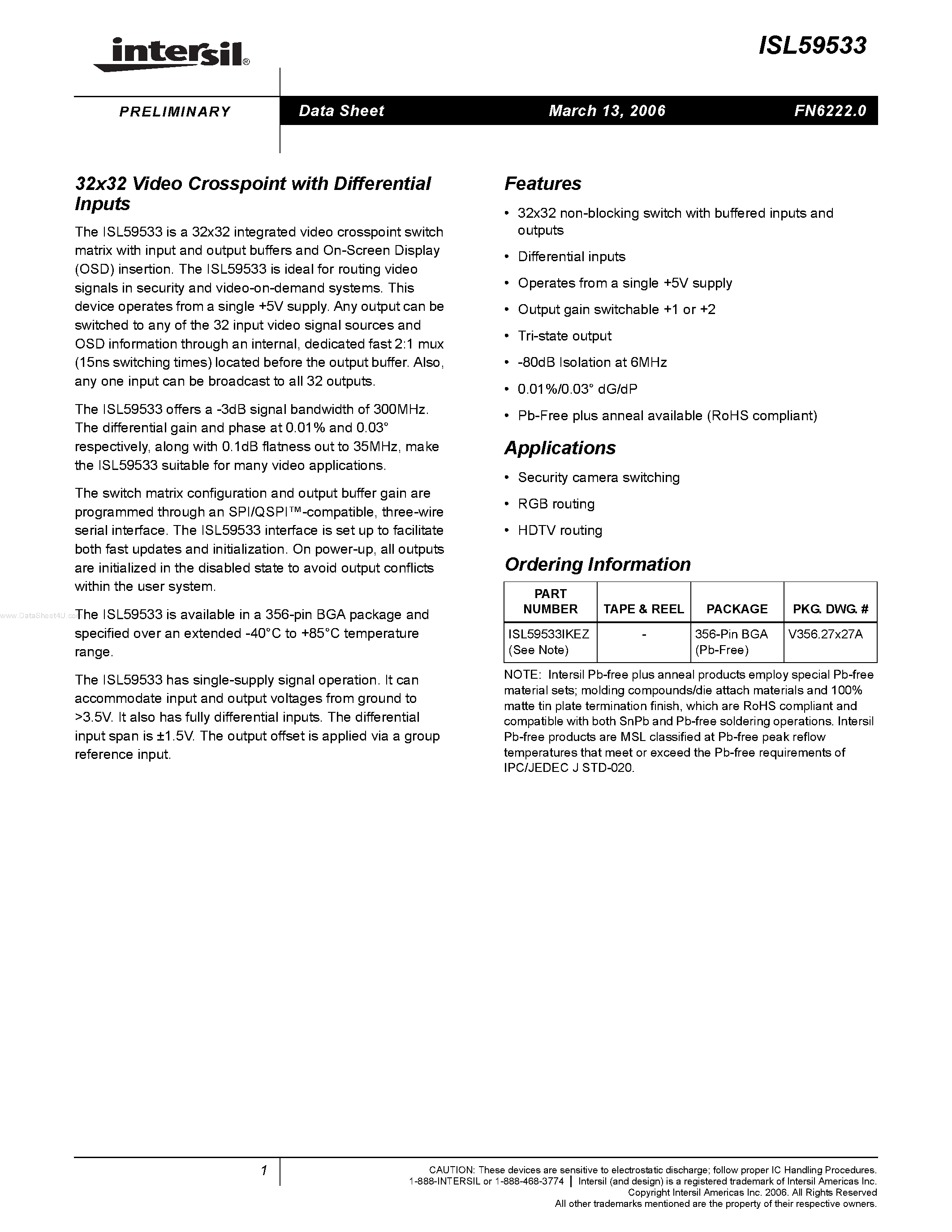 Datasheet ISL59533 - 32x32 Video Crosspoint page 1
