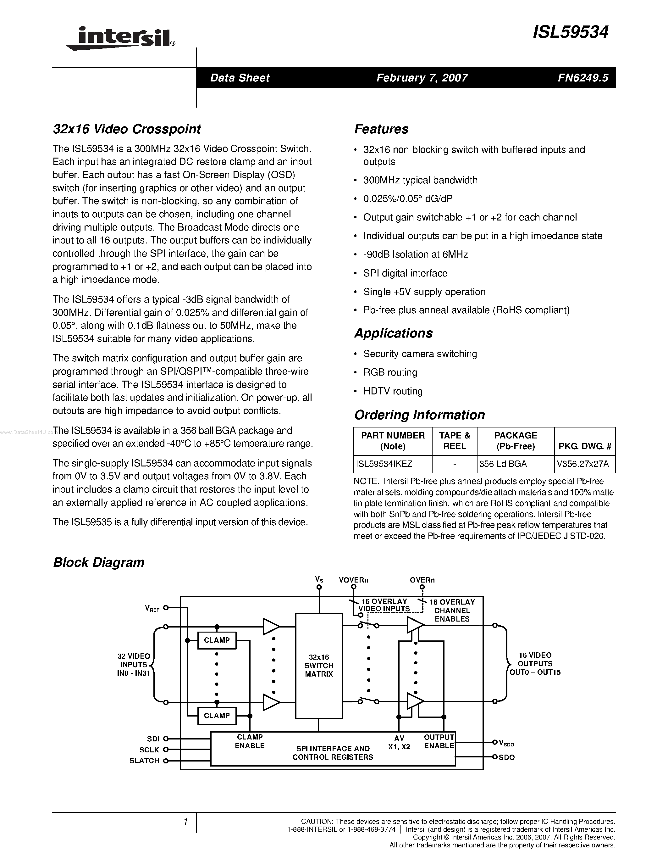 Datasheet ISL59534 page 1 Datasheet ISL59534 - 32x16 Video Crosspoint page 1