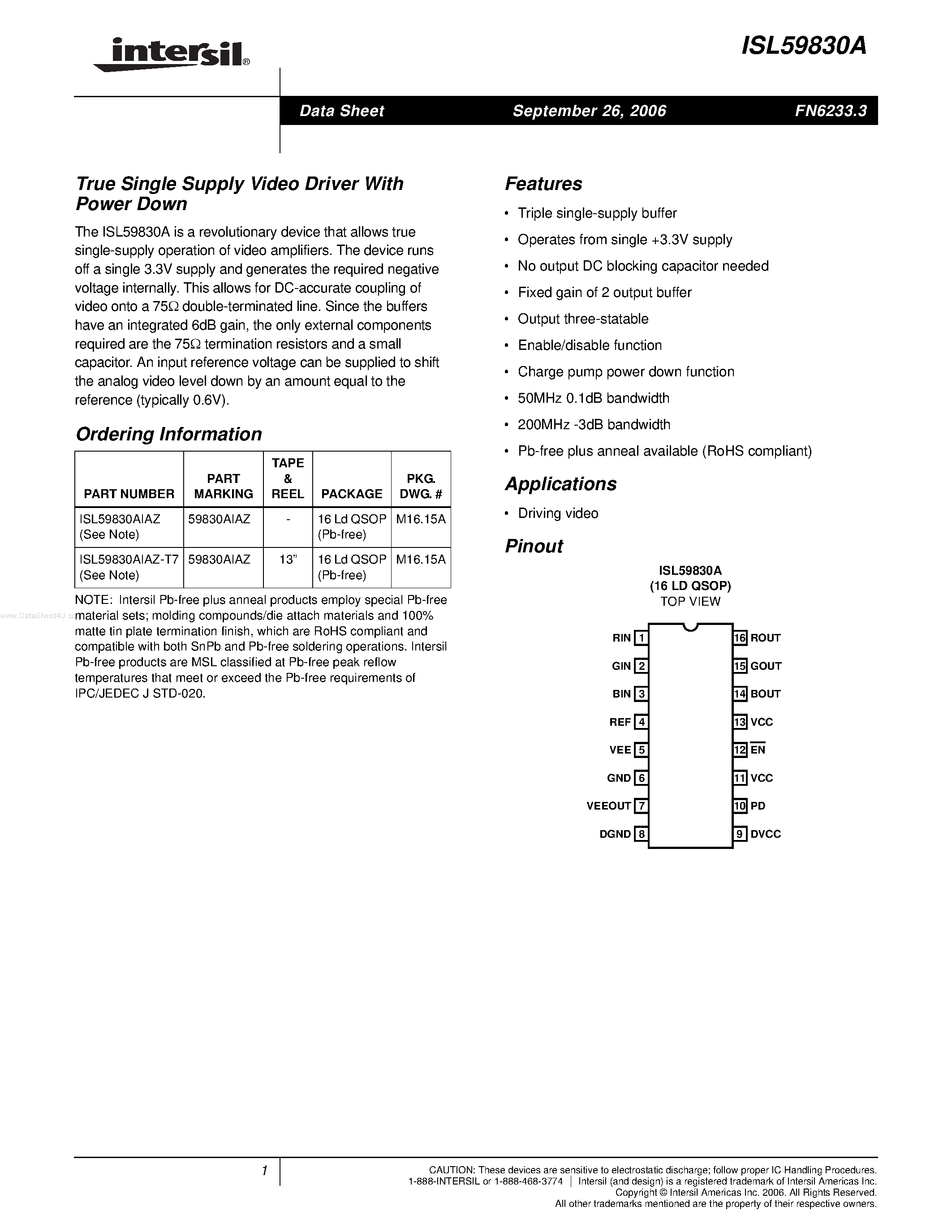 Datasheet ISL59830A page 1 Datasheet ISL59830A - True Single Supply Video Driver page 1