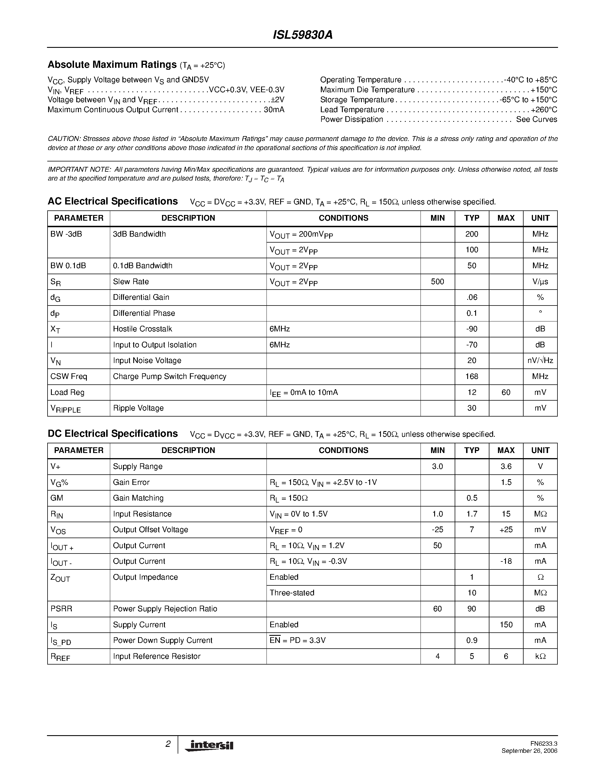 Datasheet ISL59830A page 2 Datasheet ISL59830A - True Single Supply Video Driver page 2