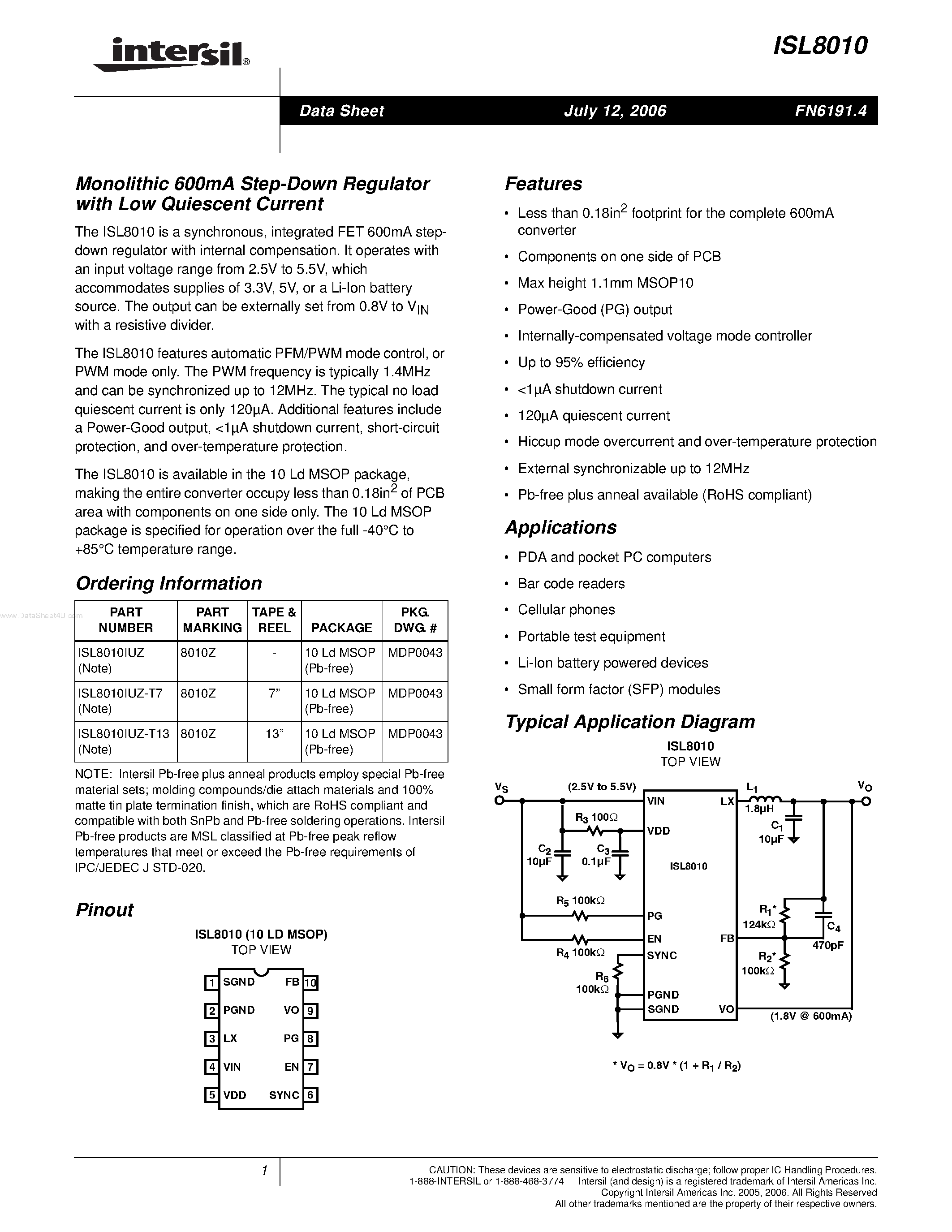 Datasheet ISL8010 page 1 Datasheet ISL8010 - Monolithic 600mA Step-Down Regulator page 1