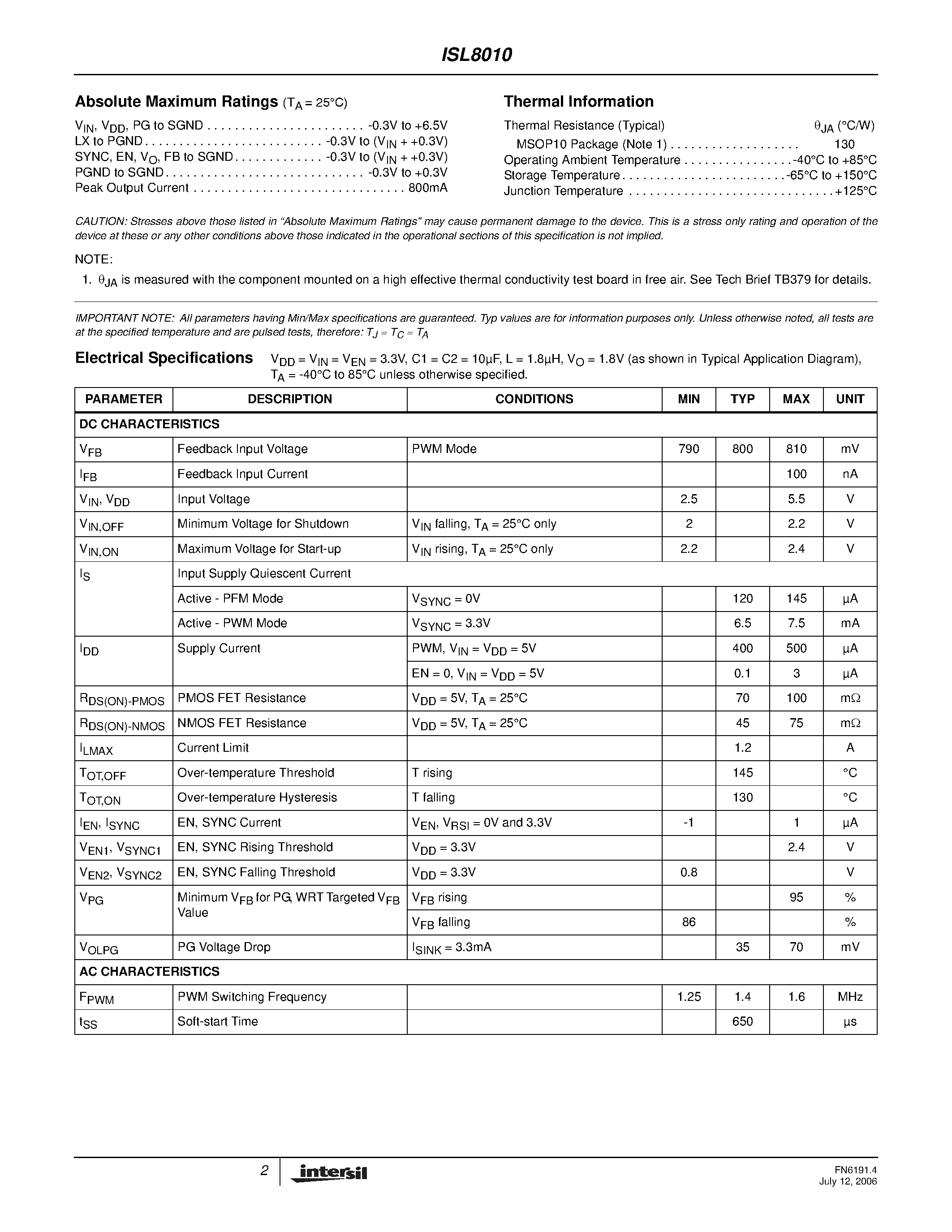 Datasheet ISL8010 page 2 Datasheet ISL8010 - Monolithic 600mA Step-Down Regulator page 2