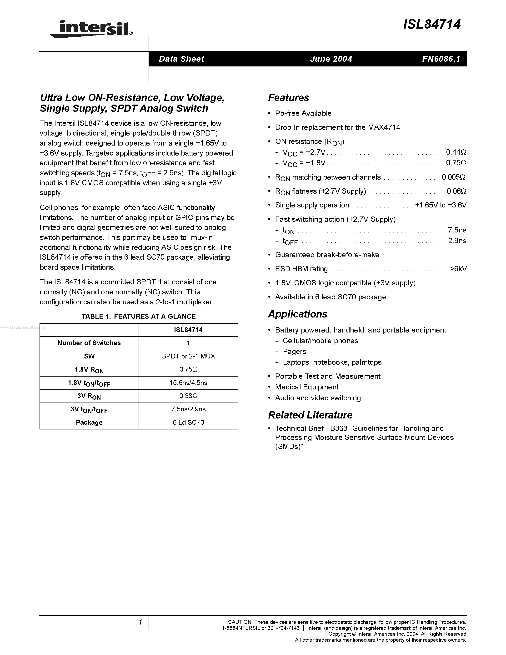 Datasheet ISL84714 page 1 Datasheet ISL84714 - SPDT Analog Switch page 1