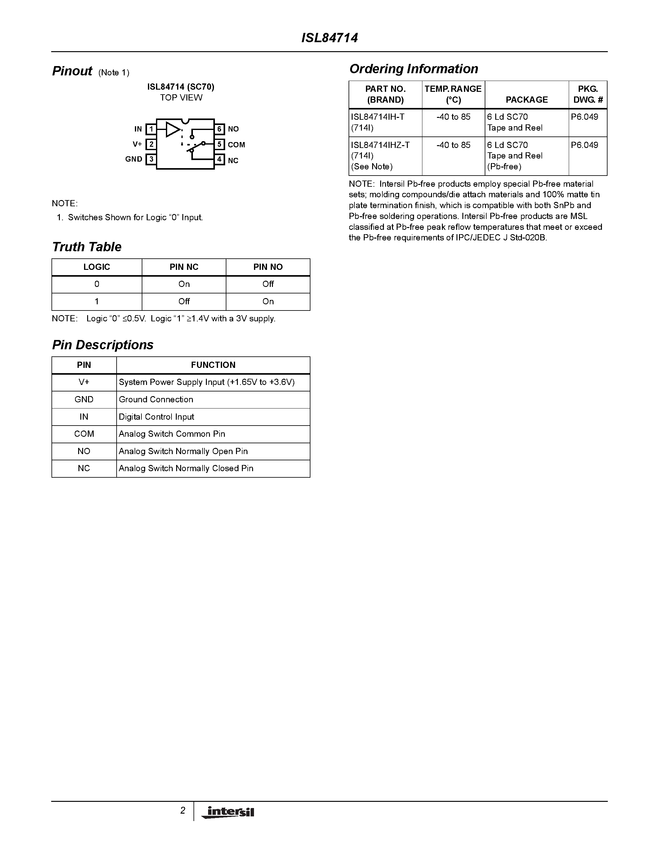 Datasheet ISL84714 page 2 Datasheet ISL84714 - SPDT Analog Switch page 2