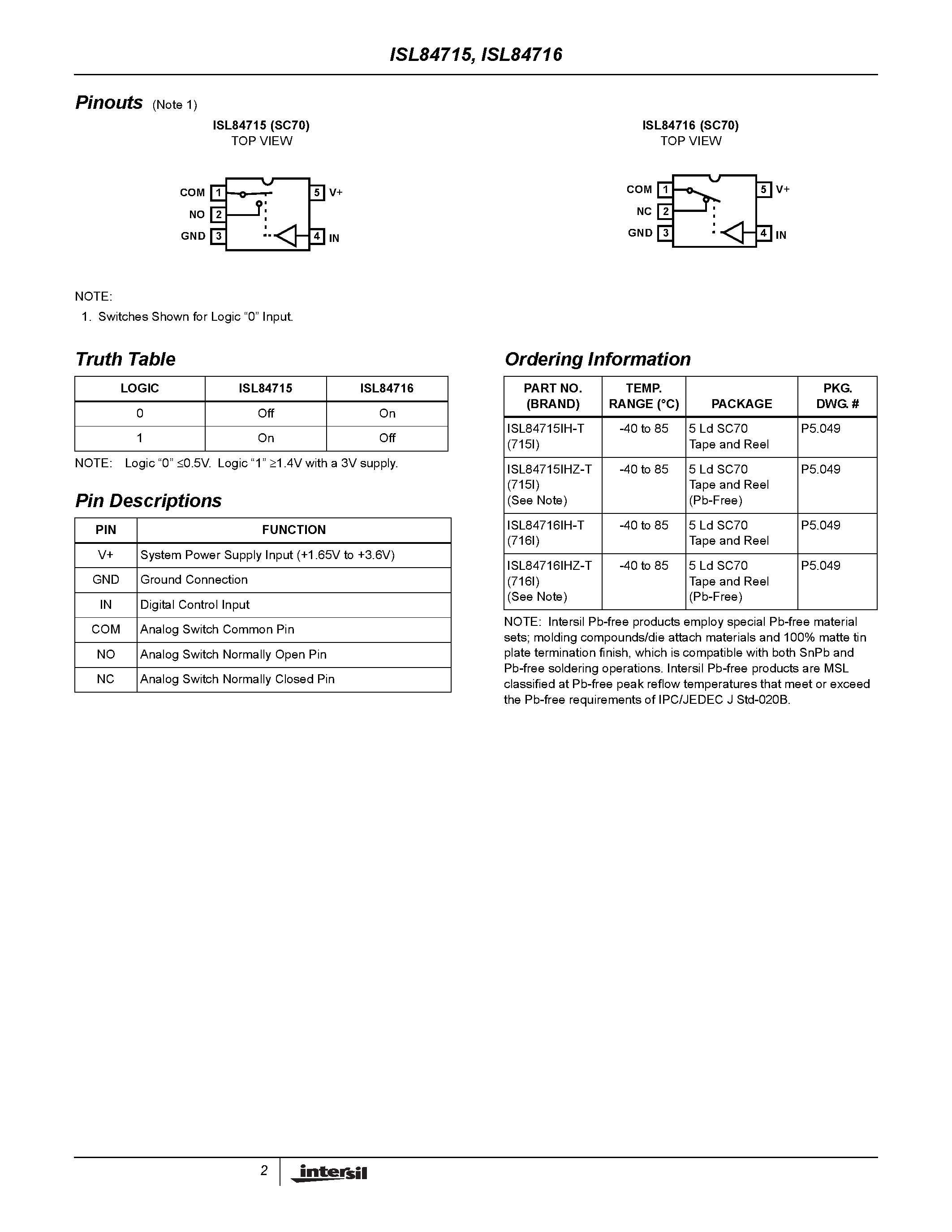 Даташит ISL84715 - (ISL84715 / ISL84716) SPDT Analog Switch страница 2