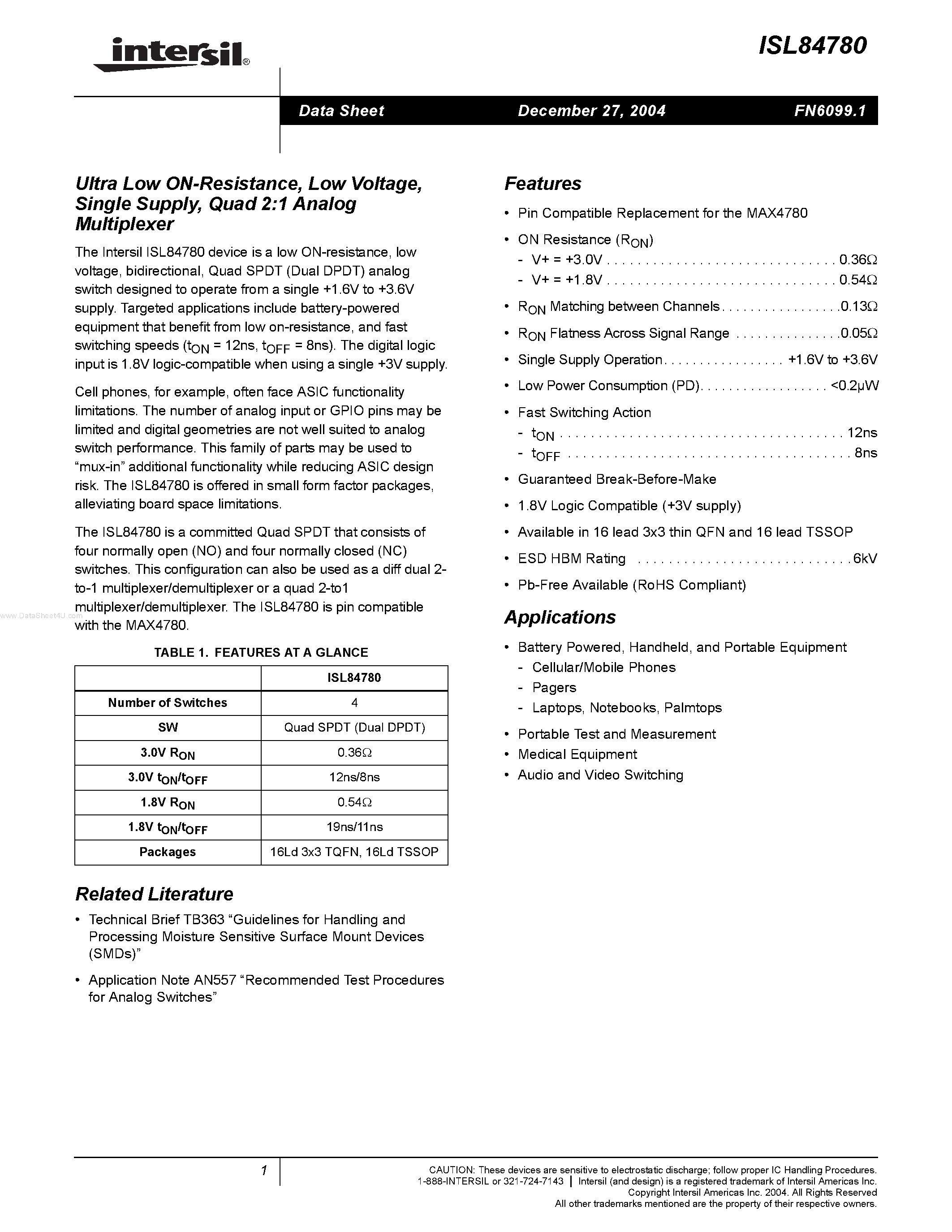 Datasheet ISL84780 page 1 Datasheet ISL84780 - Quad 2:1 Analog Multiplexer page 1