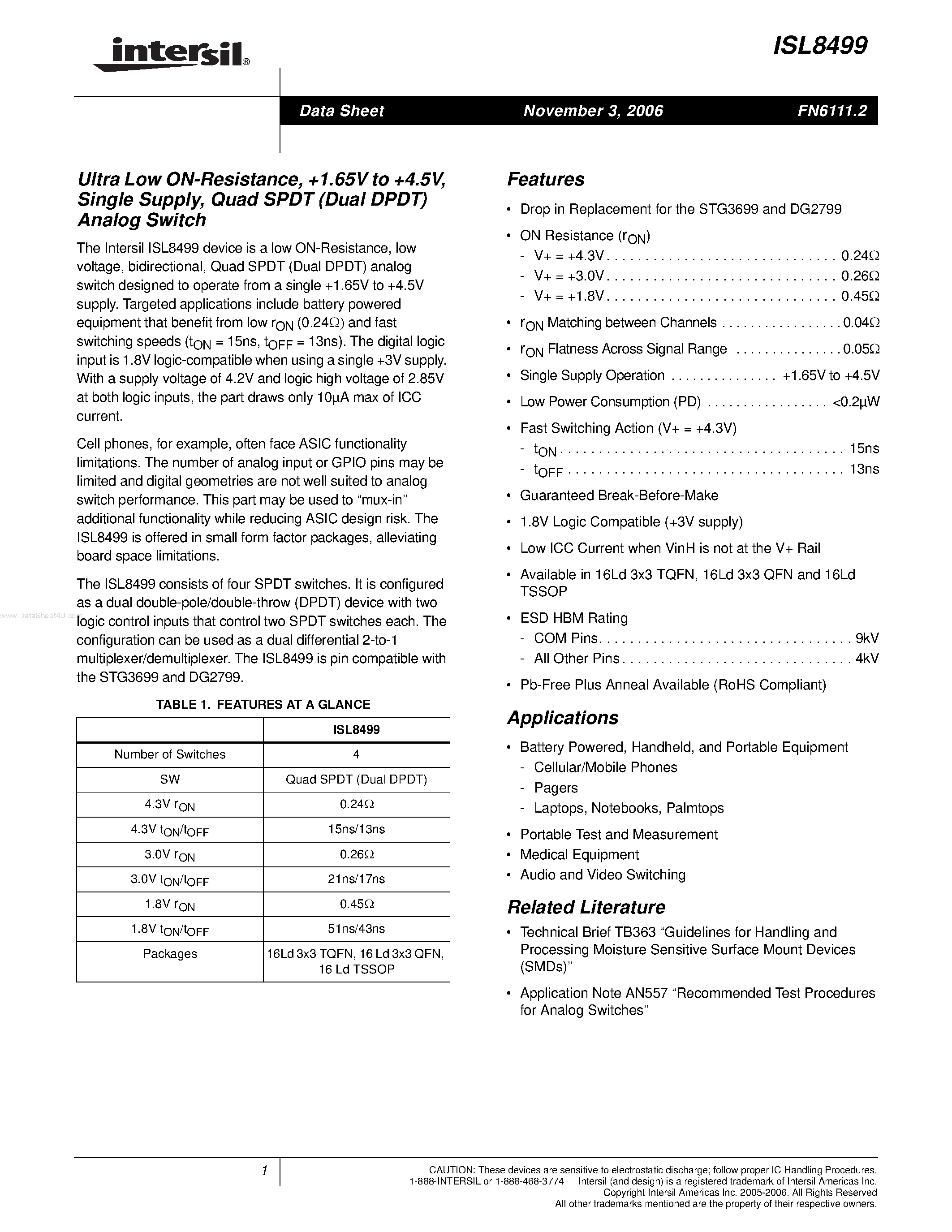 Datasheet ISL8499 page 1 Datasheet ISL8499 - Quad SPDT (Dual DPDT) Analog Switch page 1