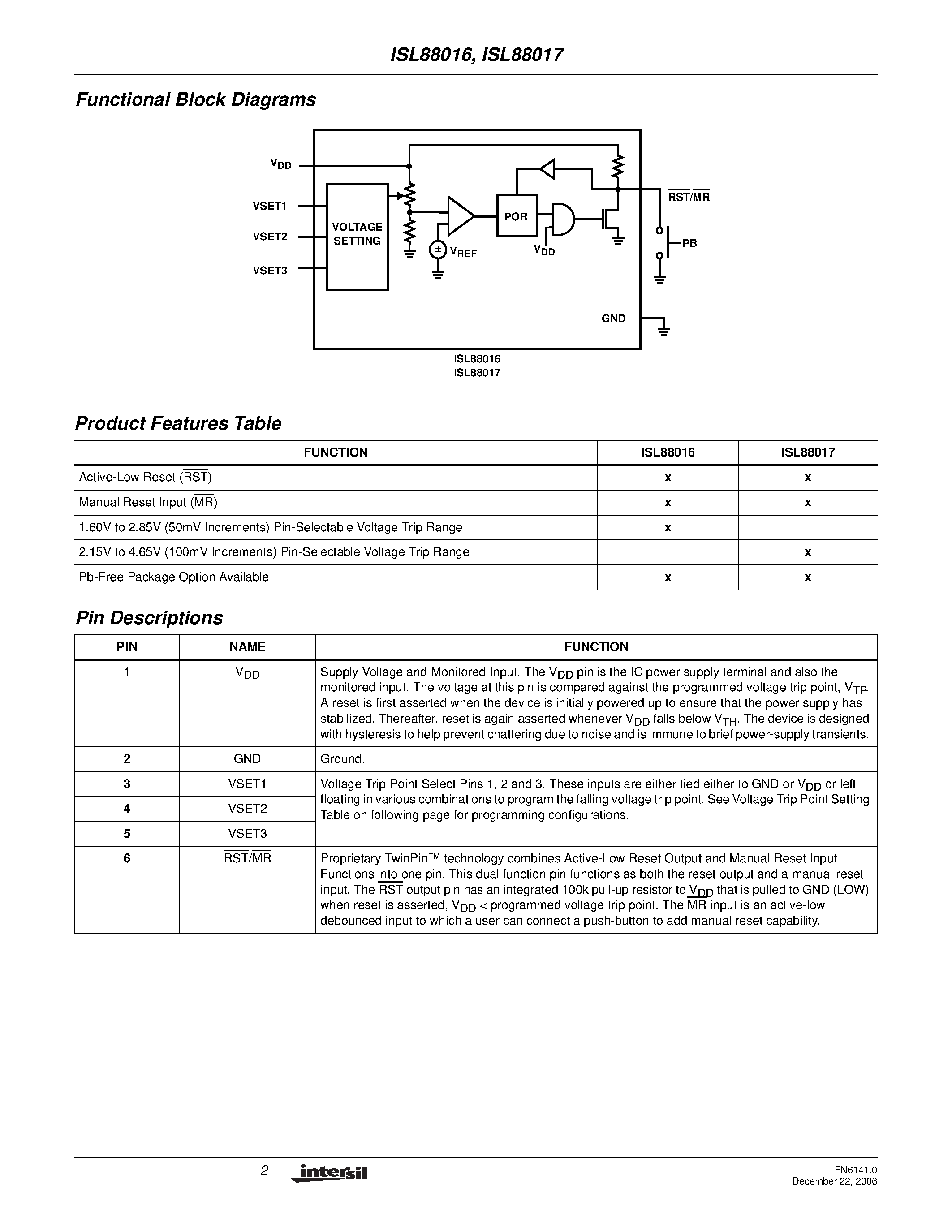 Даташит ISL88016 - (ISL88016 / ISL88017) 6-Pin Voltage Supervisors страница 2