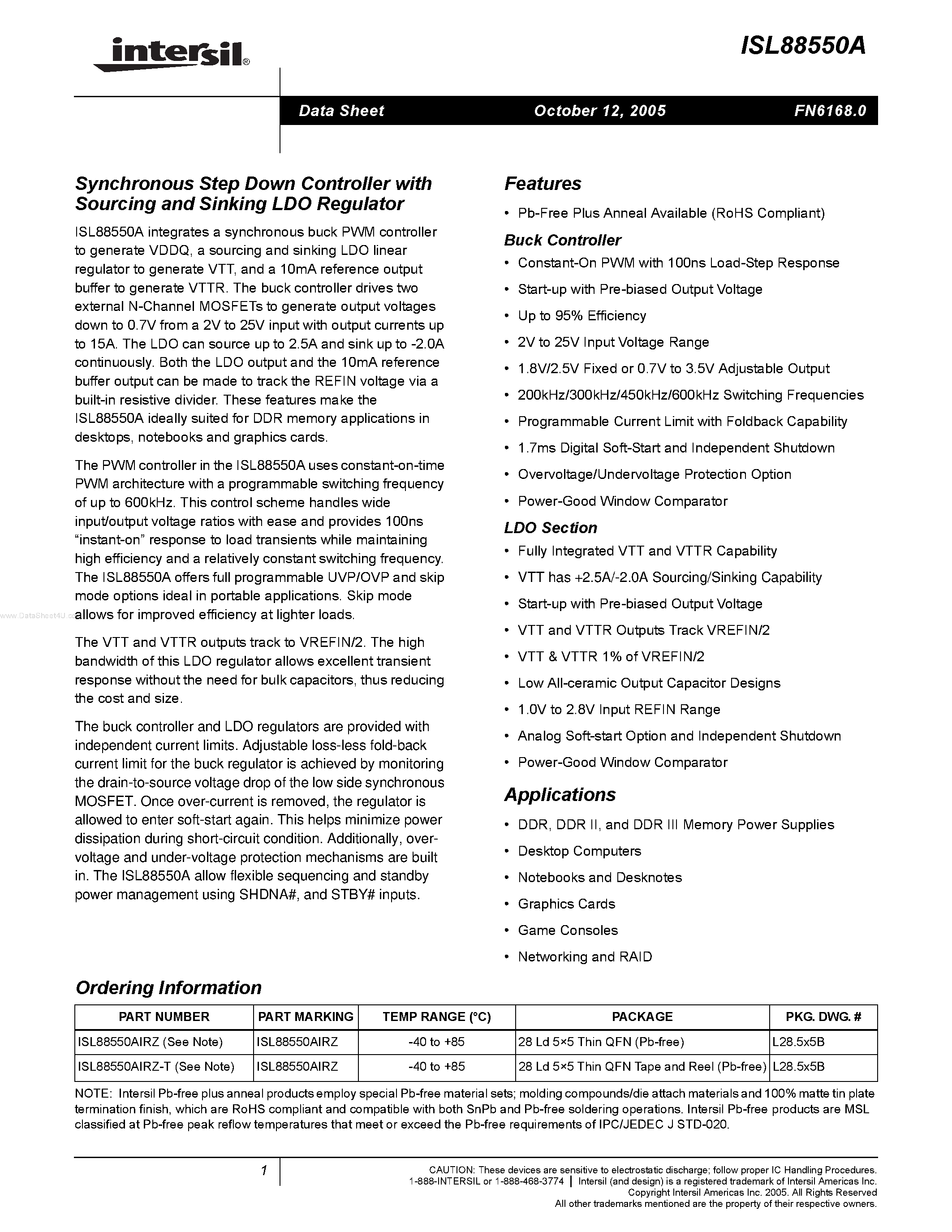 Datasheet ISL88550A page 1 Datasheet ISL88550A - Synchronous Step Down Controller page 1