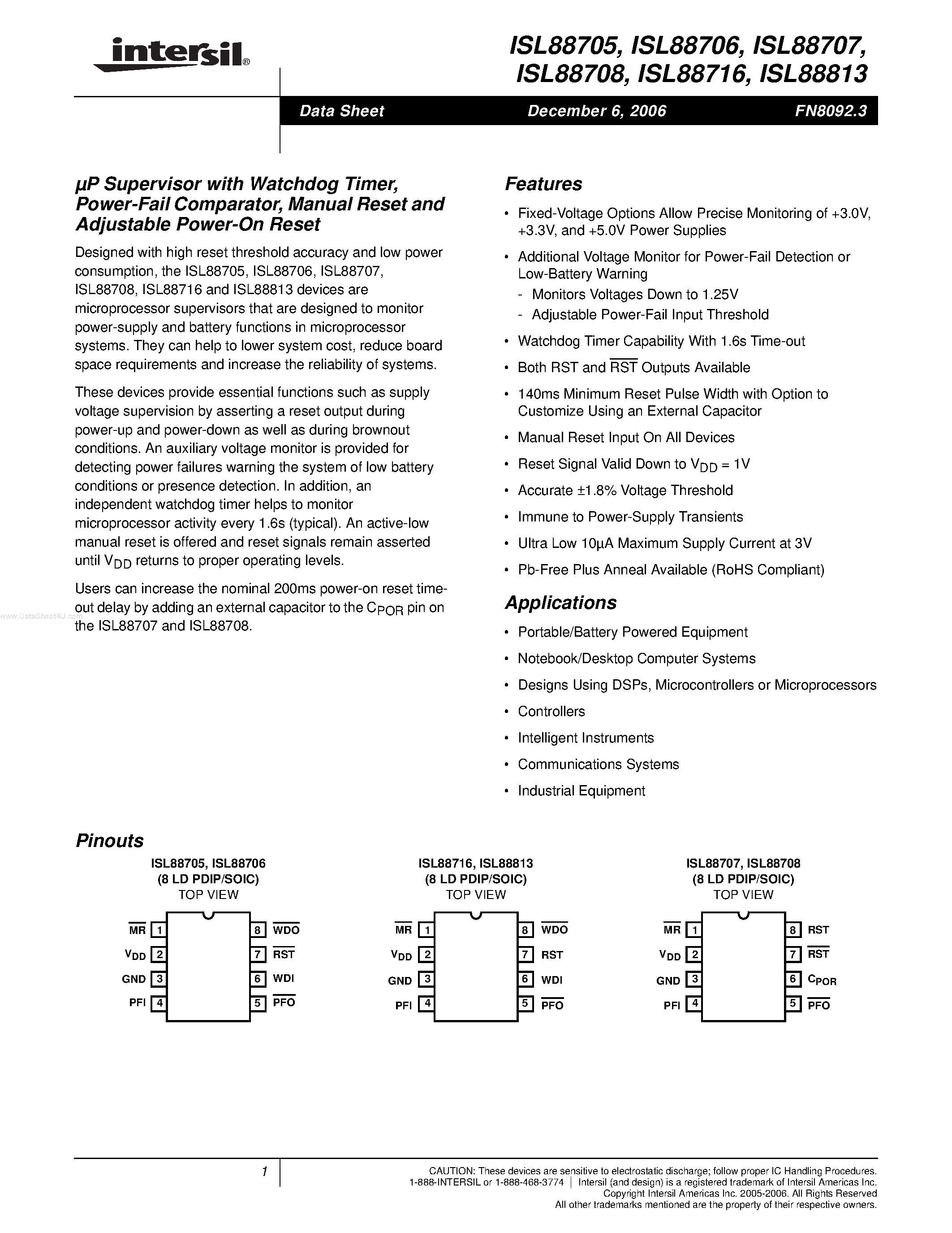 Даташит ISL88705 - (ISL88705 - ISL88813) uP Supervisor страница 1