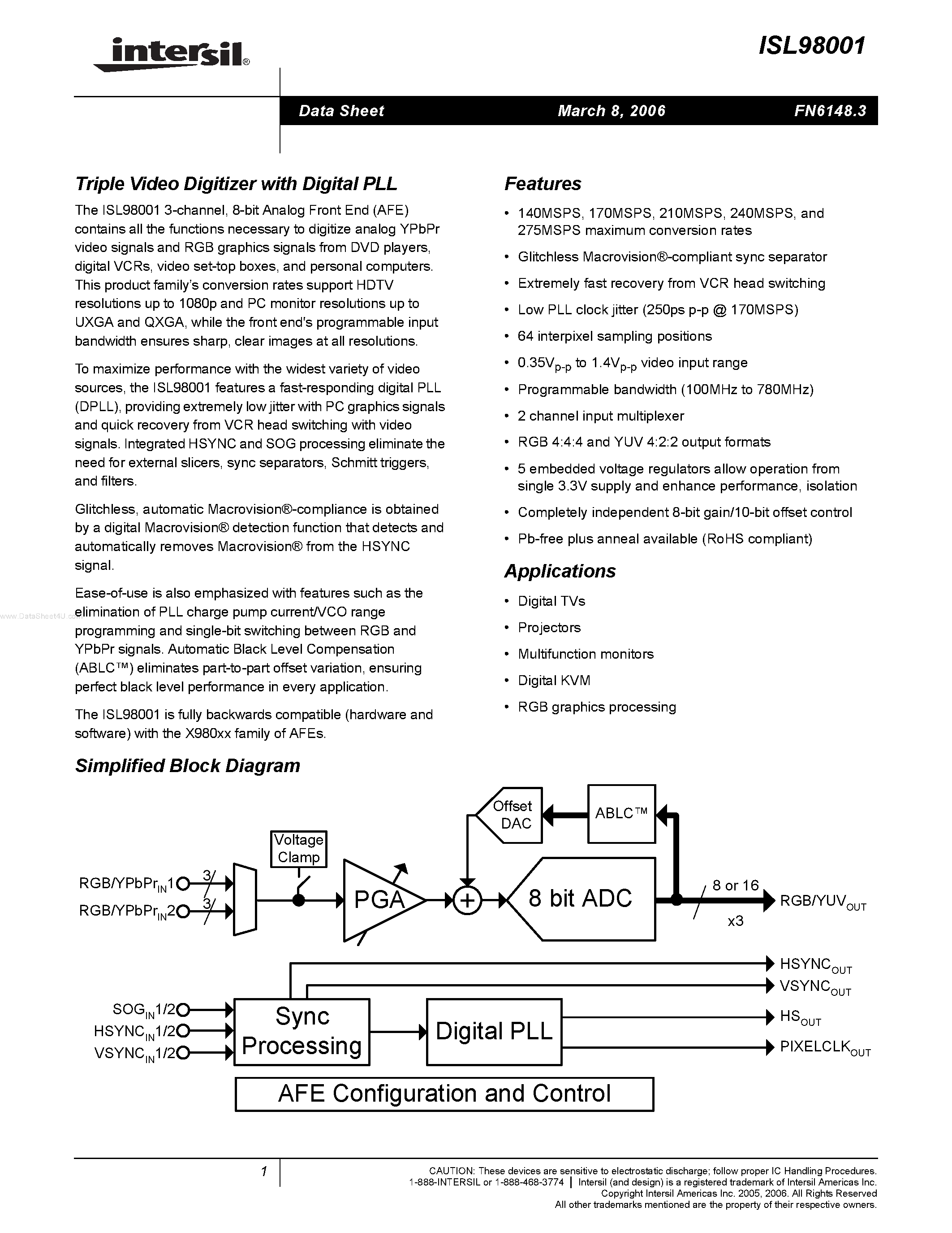 Datasheet ISL98001 page 1 Datasheet ISL98001 - Triple Video Digitizer page 1