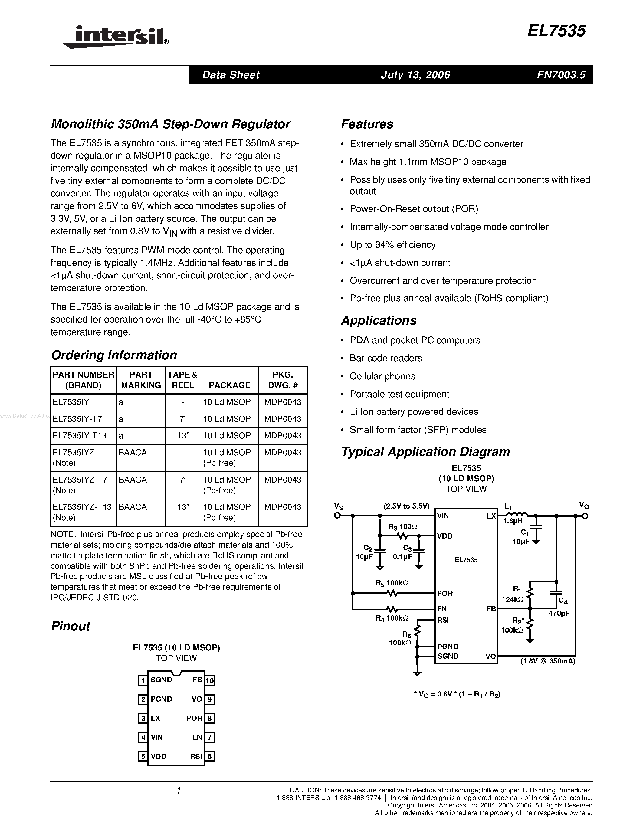 Даташит на микросхему EL7535 страница 1 Даташит EL7535 - Monolithic 350mA Step-Down Regulator страница 1