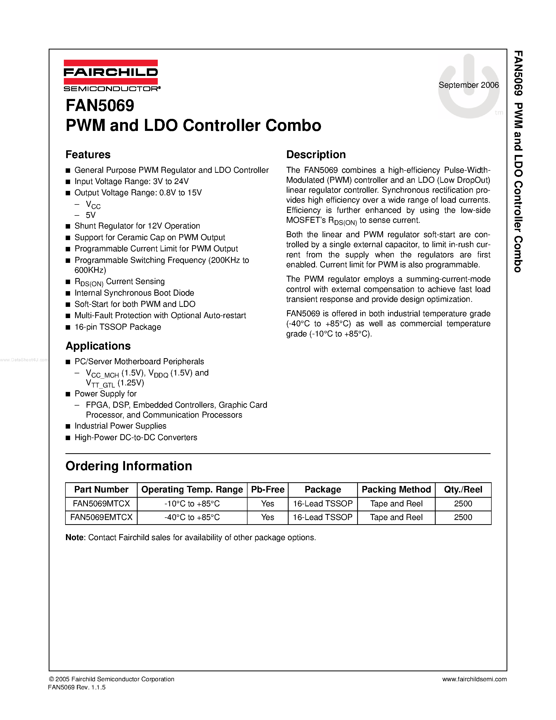 Datasheet FAN5069 page 1 Datasheet FAN5069 - PWM and LDO Controller Combo page 1