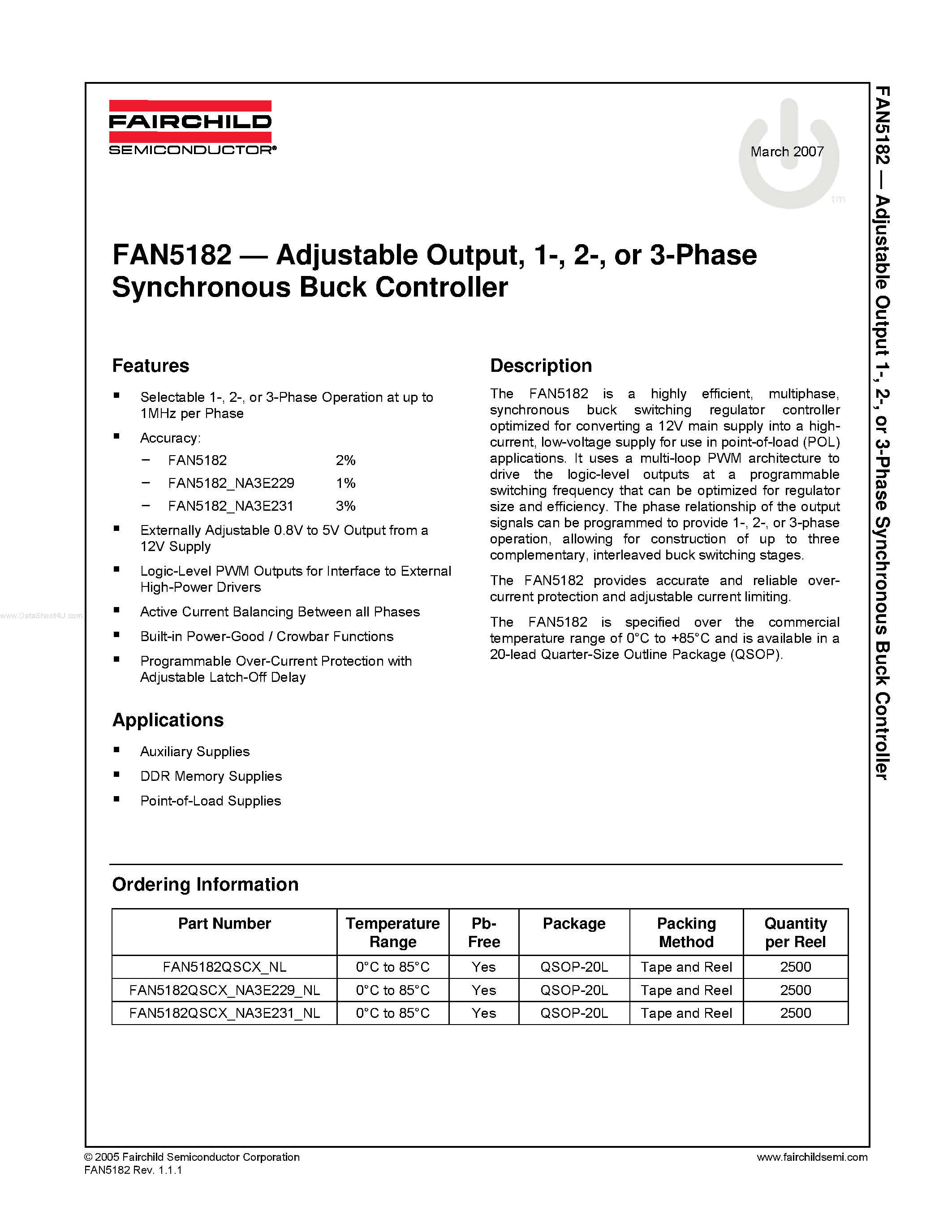 Datasheet FAN5182 page 1 Datasheet FAN5182 - Synchronous Buck Controller page 1