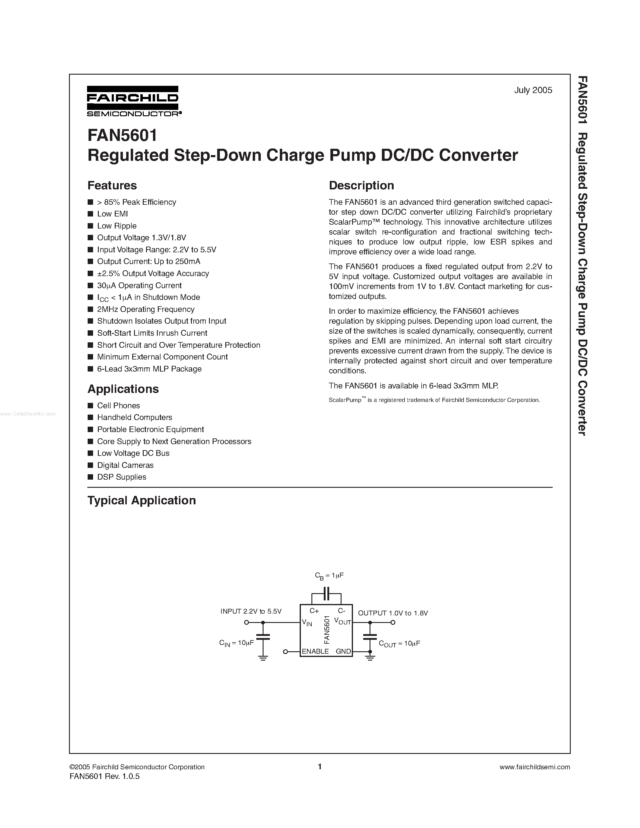 Datasheet FAN5601 - Regulated Step-Down Charge Pump DC/DC Converter page 1