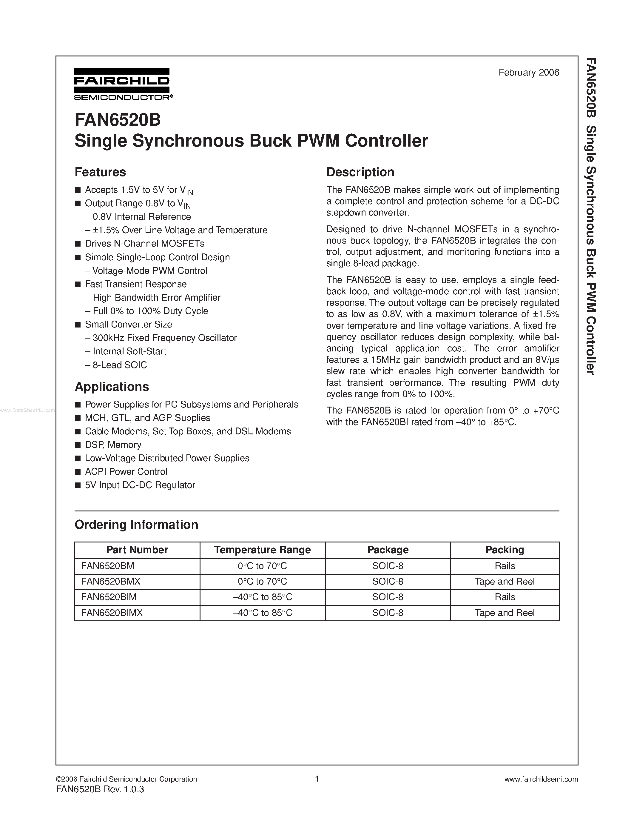 Даташит на микросхему FAN6520B страница 1 Даташит FAN6520B - Single Synchronous Buck PWM Controller страница 1