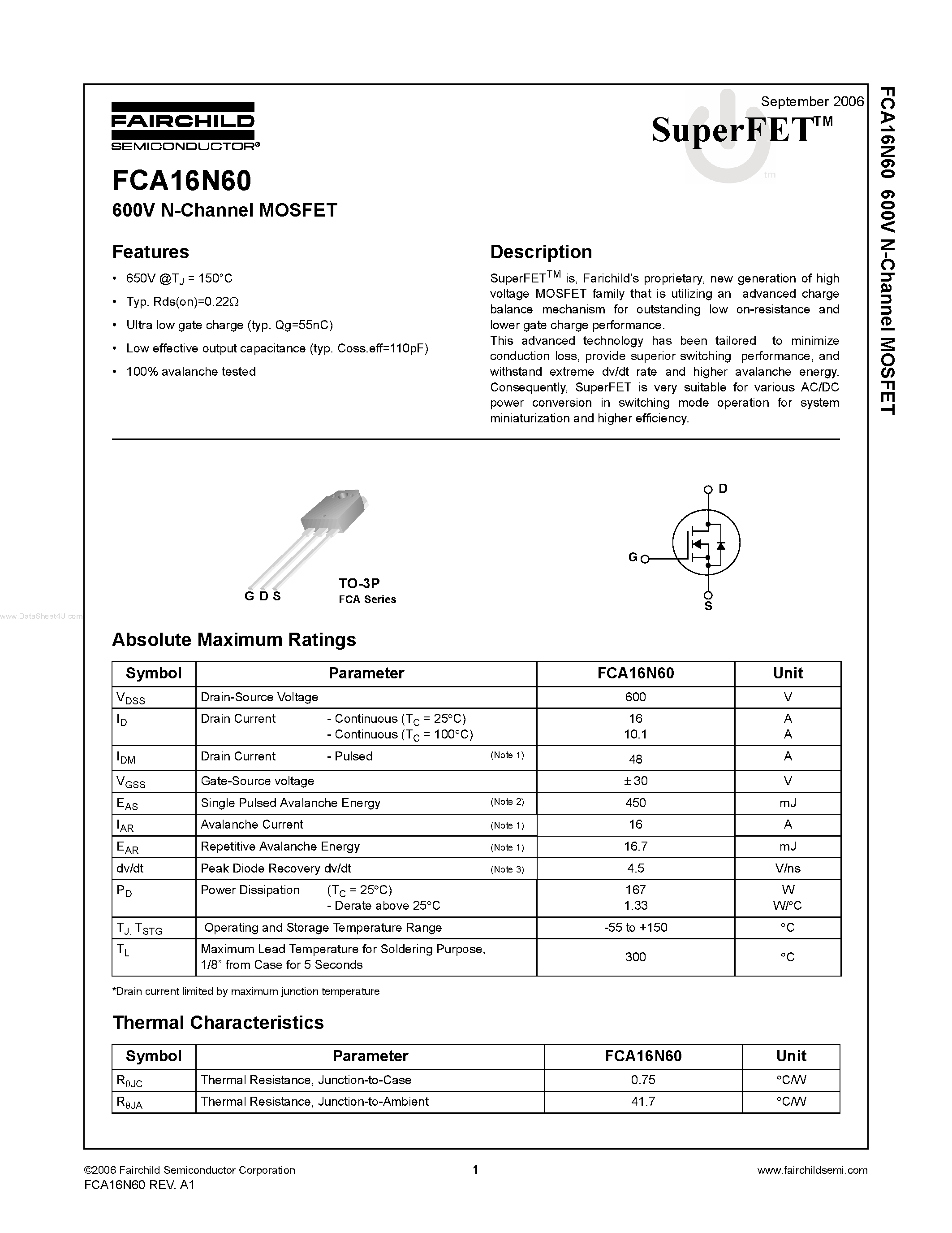 Datasheet FCA16N60 - 600V N-Channel MOSFET page 1
